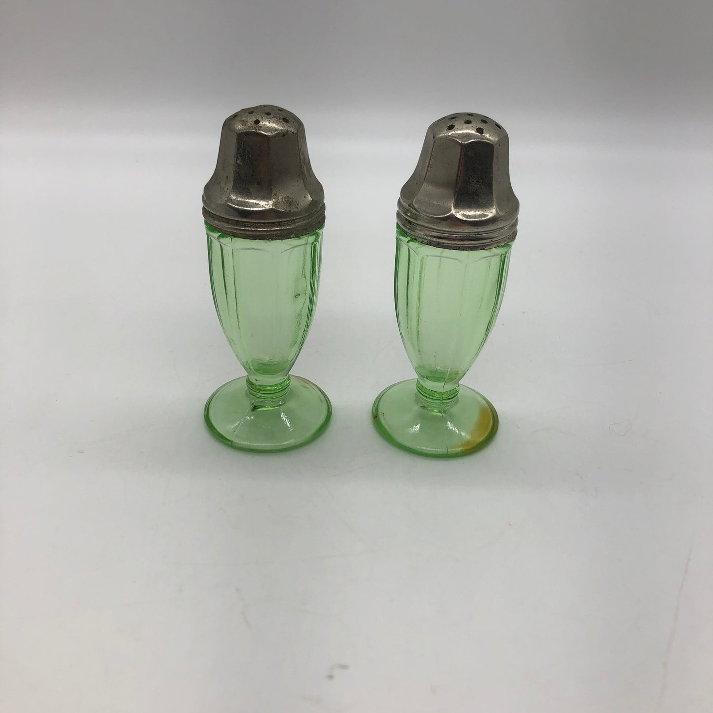 Hazel-Atlas S &P Uranium Glass Green Salt Pepper Shakers Pedestal 1930's Glows