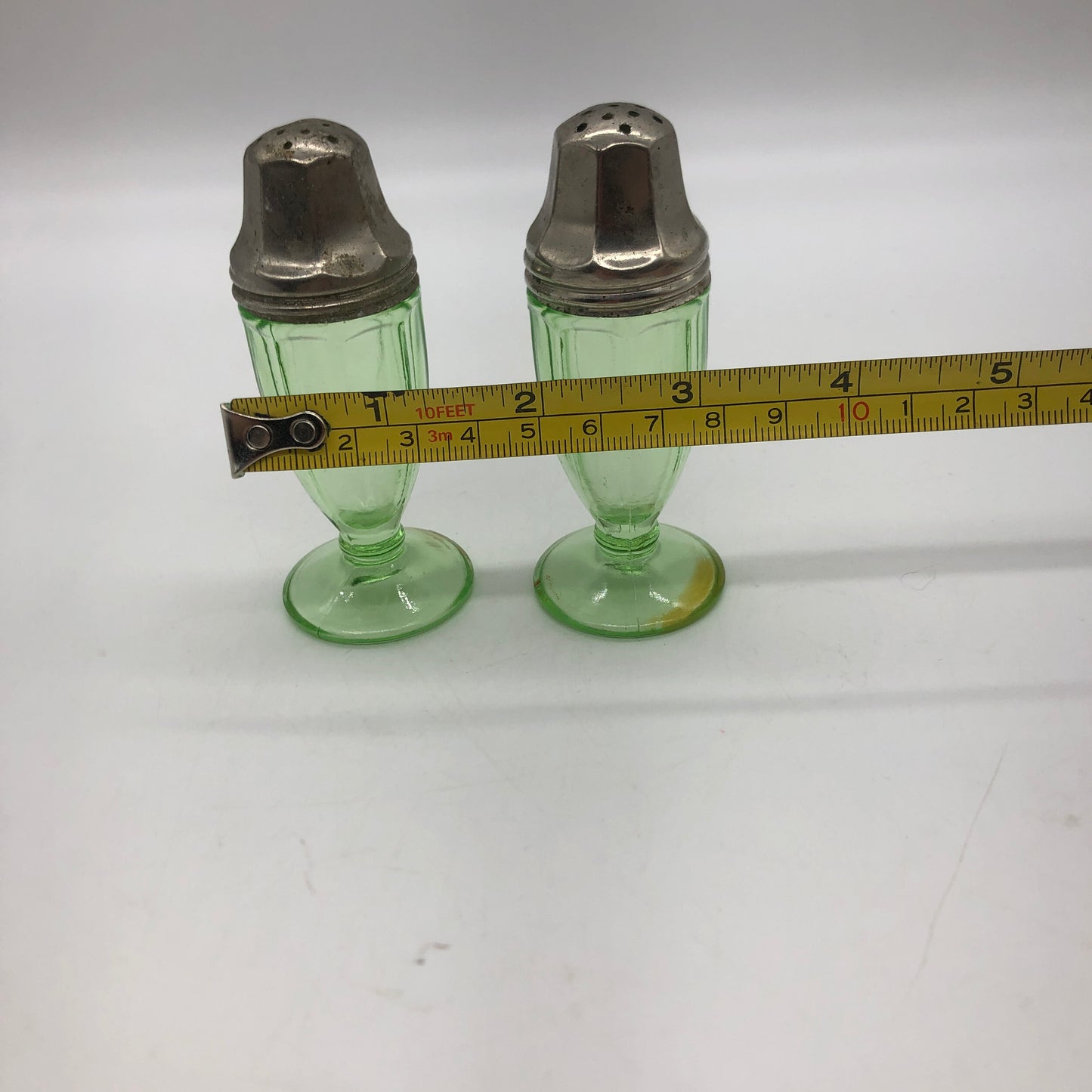Hazel-Atlas S &P Uranium Glass Green Salt Pepper Shakers Pedestal 1930's Glows