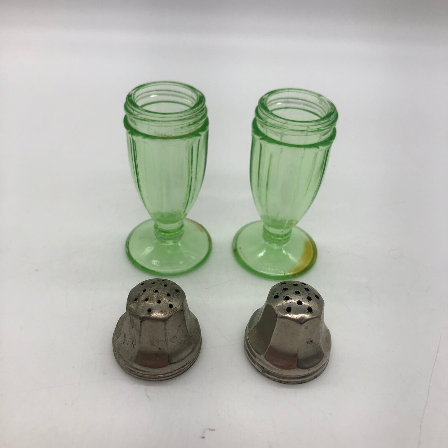 Hazel-Atlas S &P Uranium Glass Green Salt Pepper Shakers Pedestal 1930's Glows
