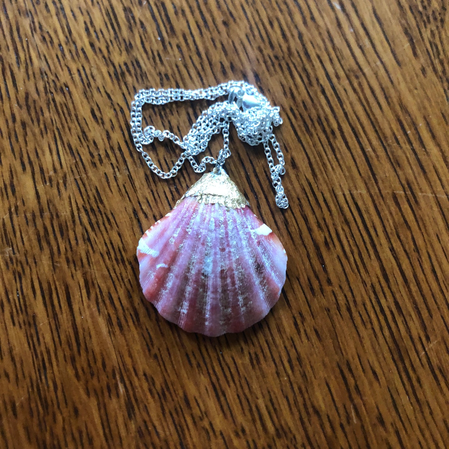 Pacific Pink Scallop Artisan Made Pendent Handcrafted Sea Shell Necklace 1.5in x 1.5in