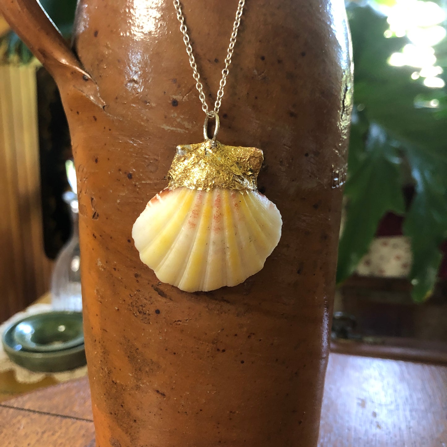 Light Yellow With a Touch of Pink Scallop Artisan Made Pendent Handcrafted Sea Shell Necklace 1 5/8in x 1 3/4in