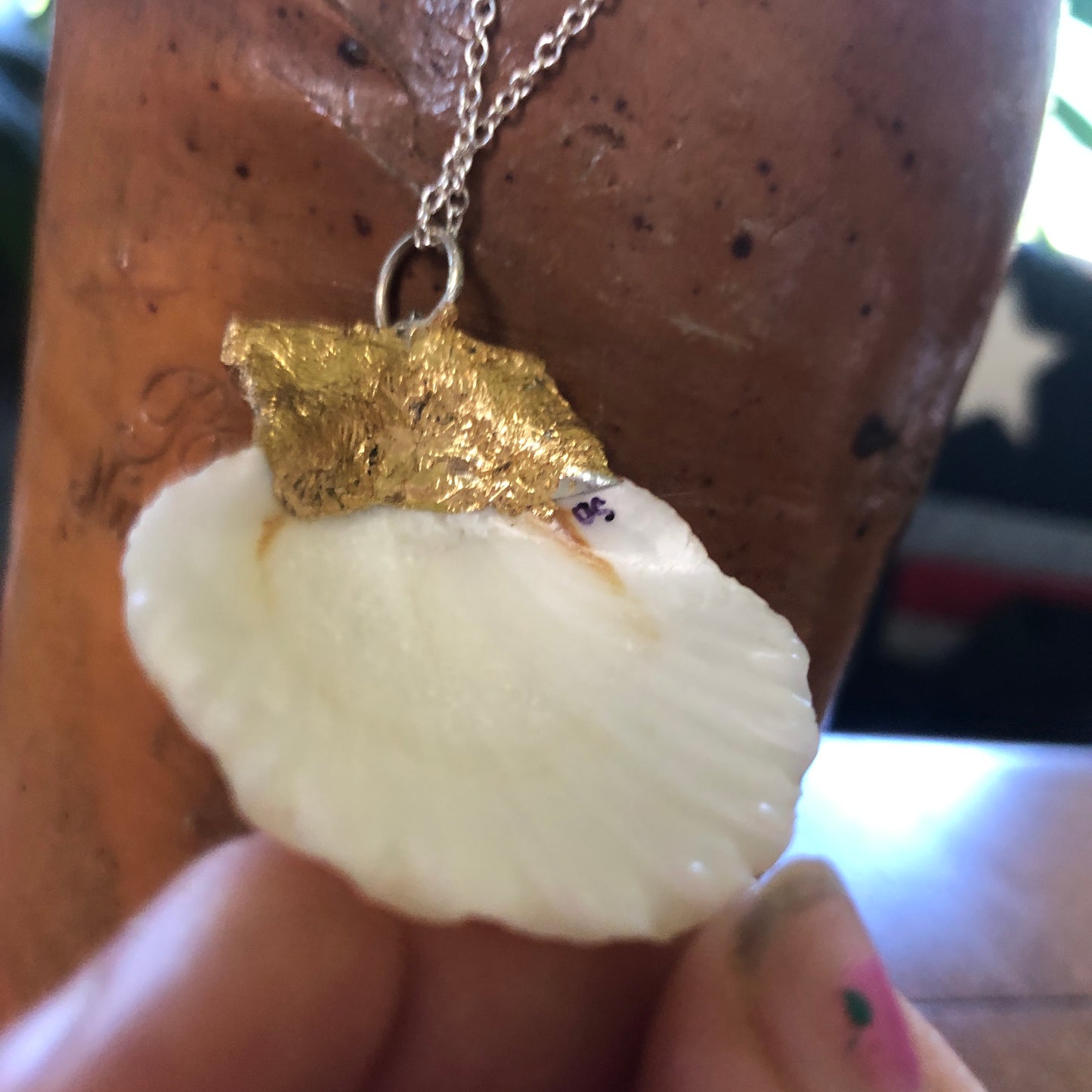 Light Yellow With a Touch of Pink Scallop Artisan Made Pendent Handcrafted Sea Shell Necklace 1 5/8in x 1 3/4in