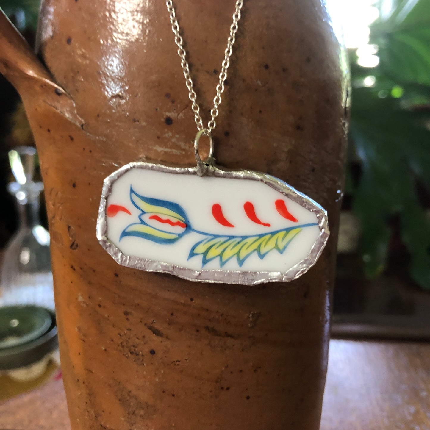 Broken Pottery Artisan Made Pendent Norcrest Hand Painted Plate Handcrafted Necklace 1in x 2in