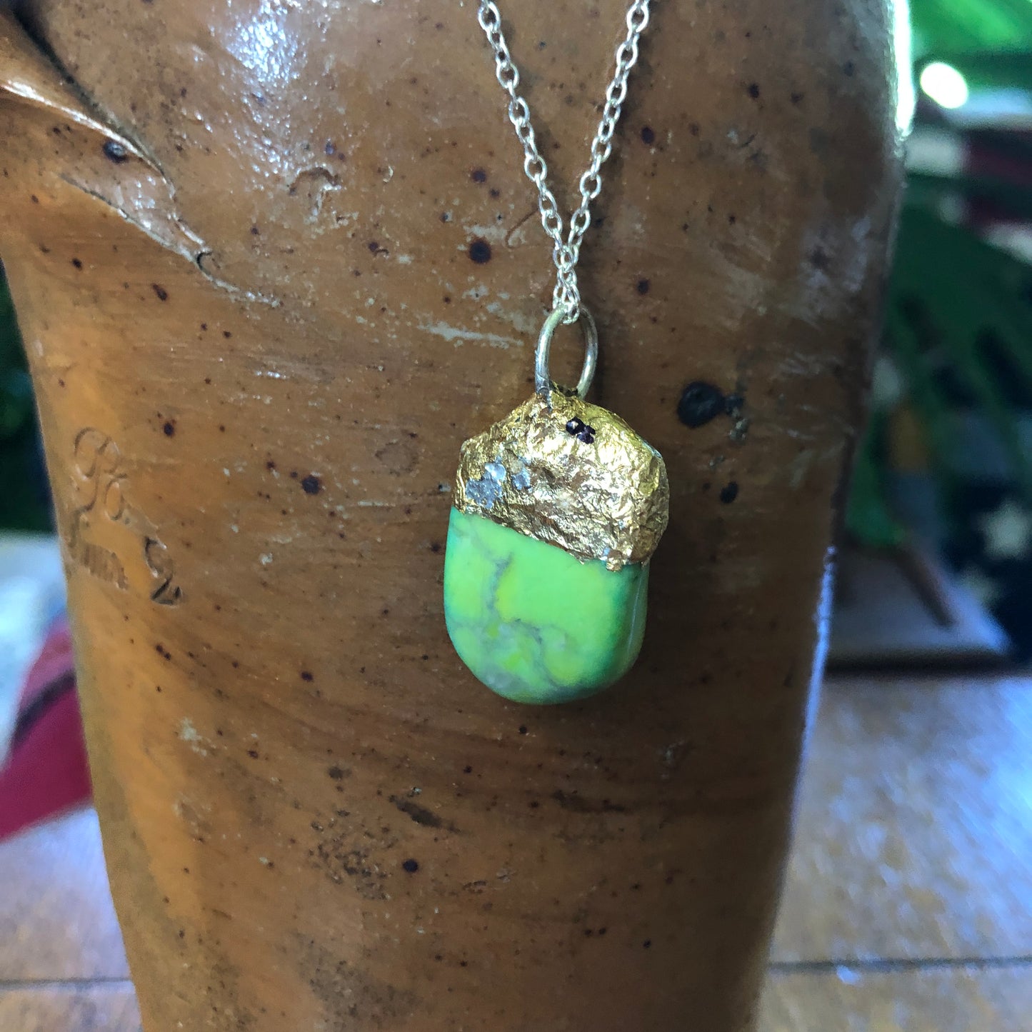 Artisan Made Green Rock Pendent Resembles a Gaspeite Handcrafted Necklace 1in x 1/2in