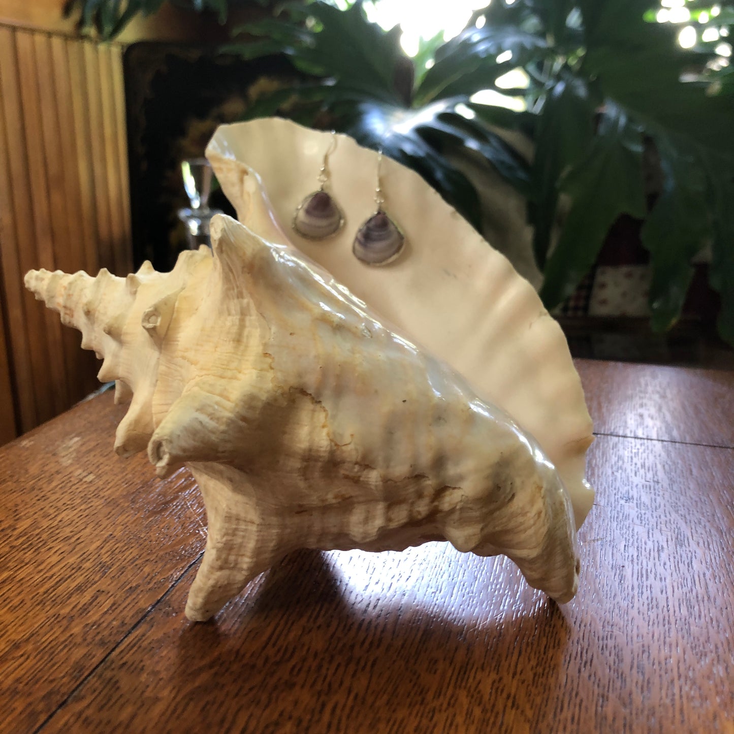 Amethyst Gem Clam Artisan Made Earrings Handcrafted Purple Sea Shell Dangle Earrings