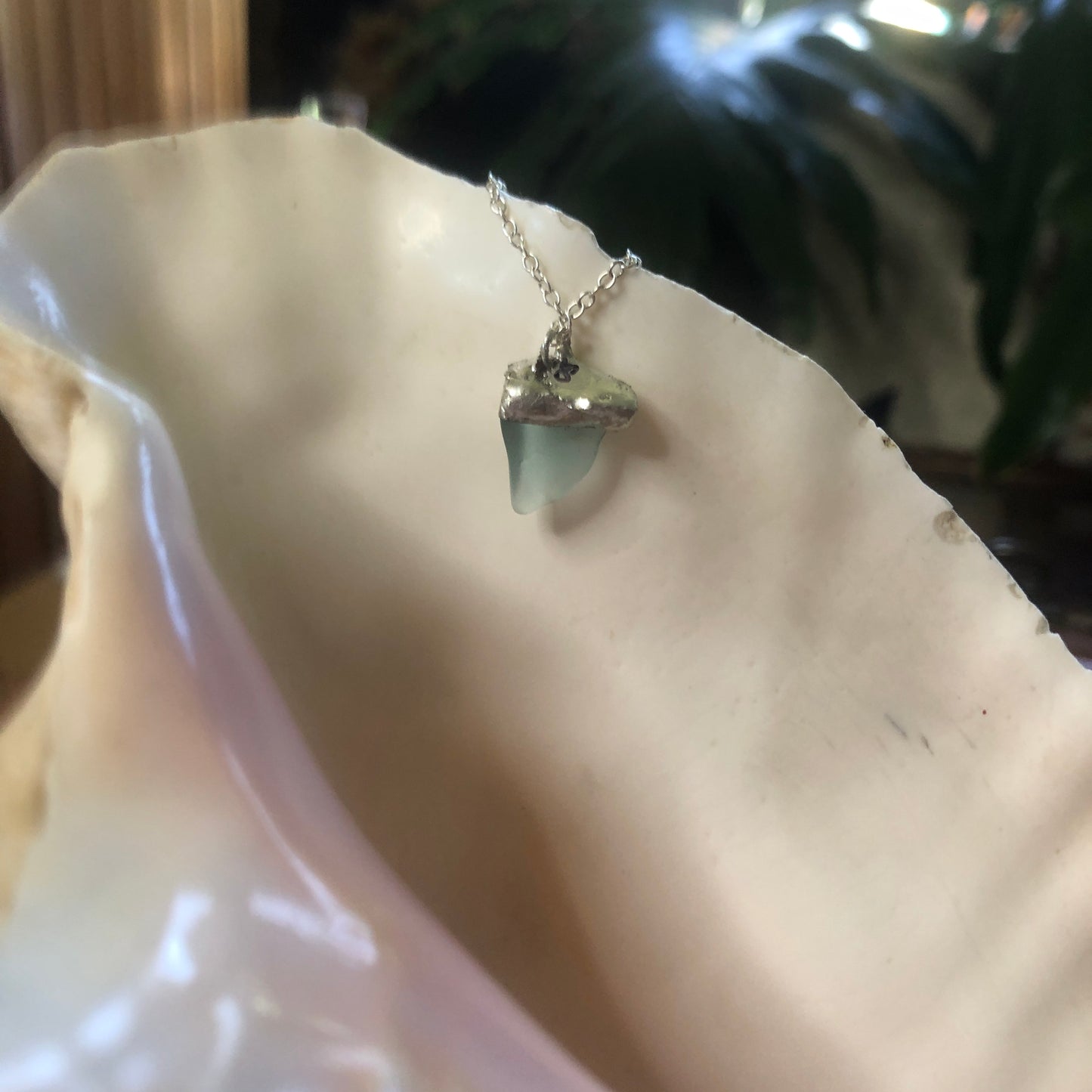 Erie Glass Artisan Made Sky Blue Shark Tooth Pendent 1/2in x 5/8in Handcrafted Necklace