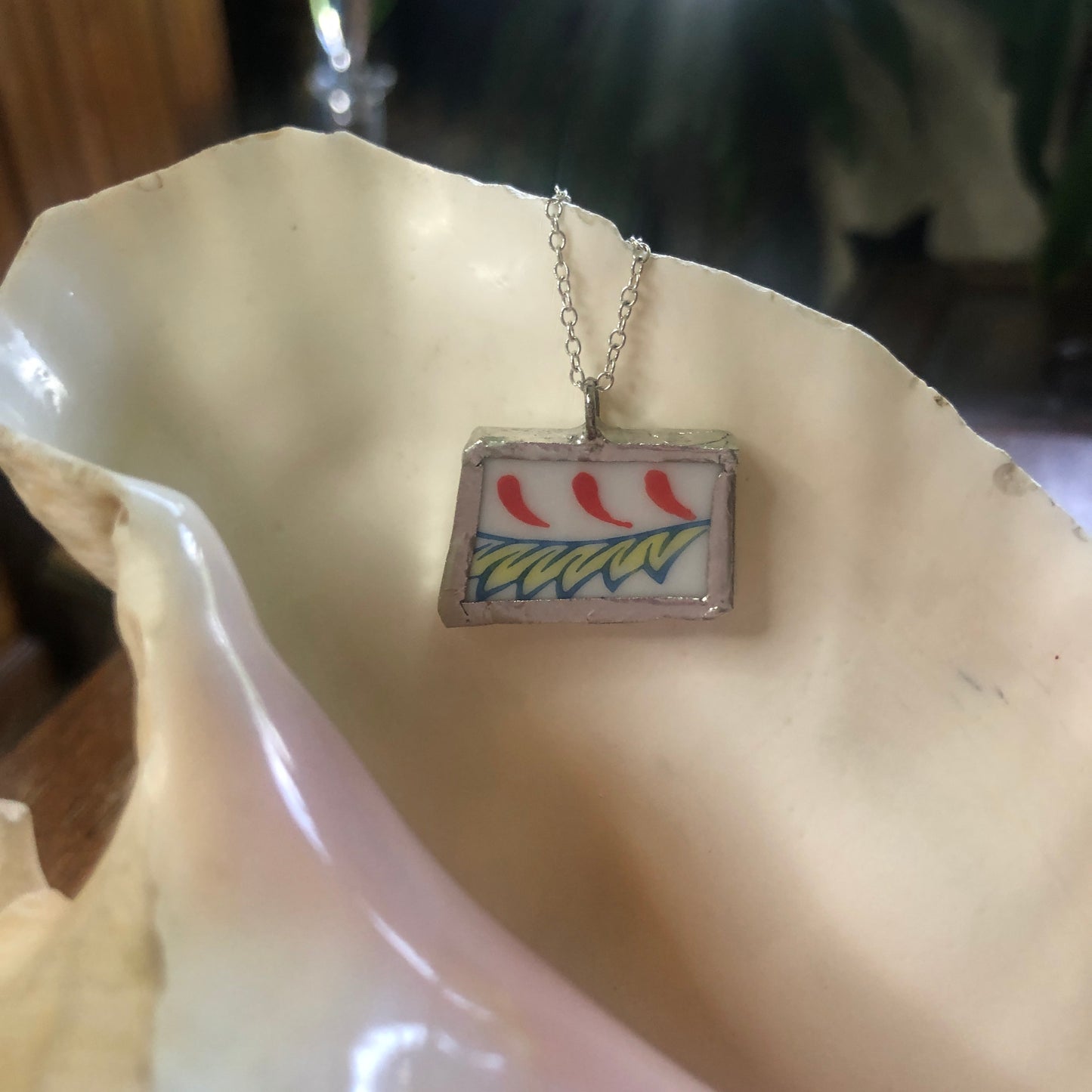 Broken Pottery Artisan Made Pendent Norcrest Hand Painted Plate Handcrafted Necklace 3/4in x 1in