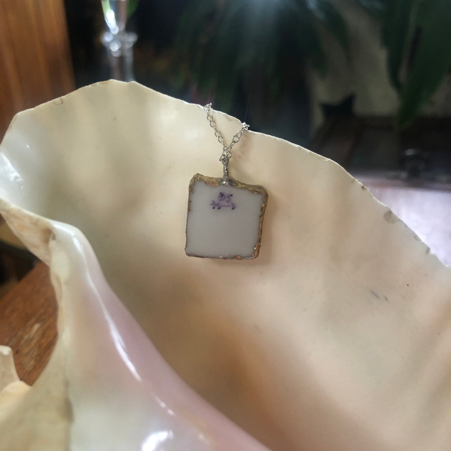 Broken Pottery Artisan Made Pendent Norcrest Hand Painted Plate Handcrafted Necklace 3/4in x 3/4in