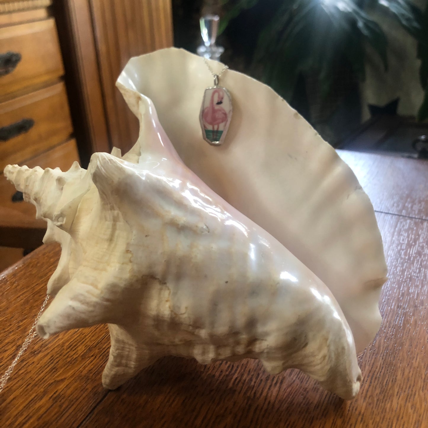 Broken Pottery Artisan Made Pendent Stoneware Flamingo Plate Handcrafted Necklace 1.25in x 3/4in