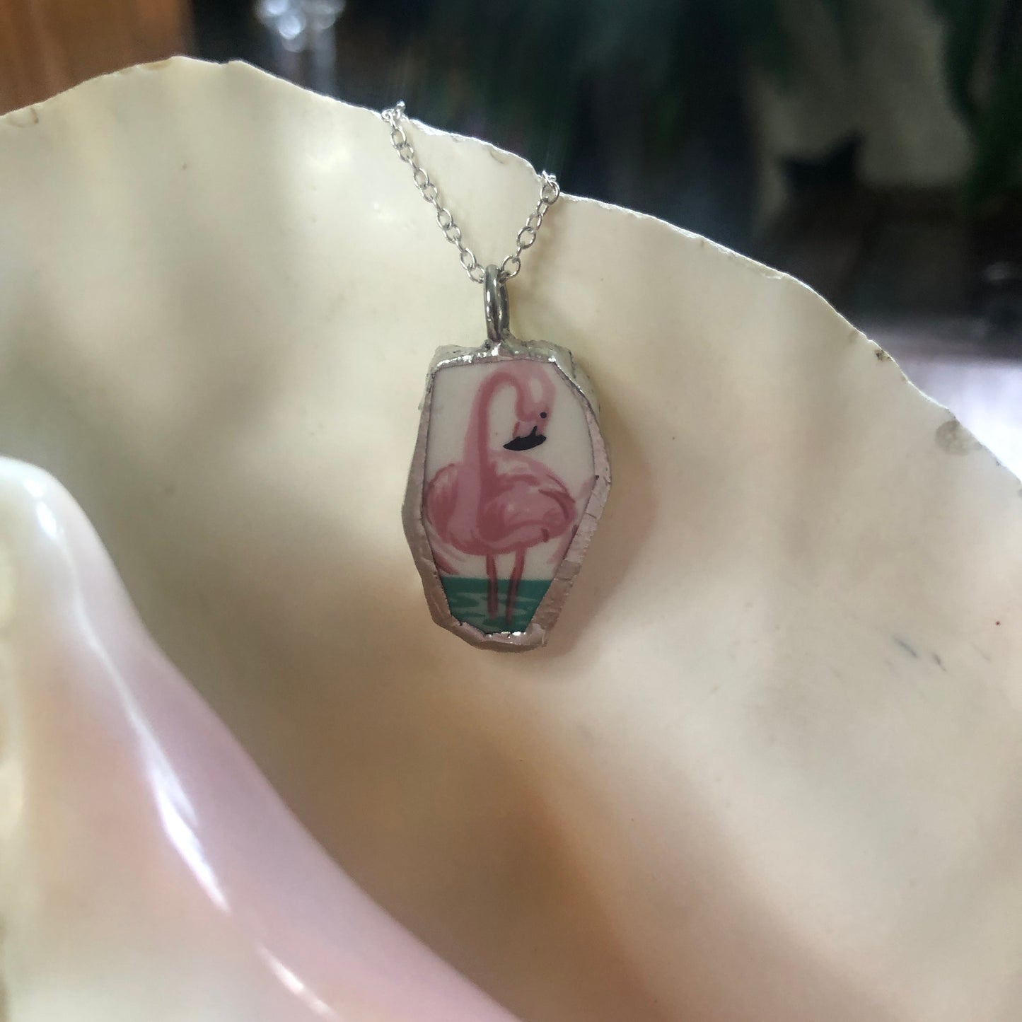 Broken Pottery Artisan Made Pendent Stoneware Flamingo Plate Handcrafted Necklace 1.25in x 3/4in