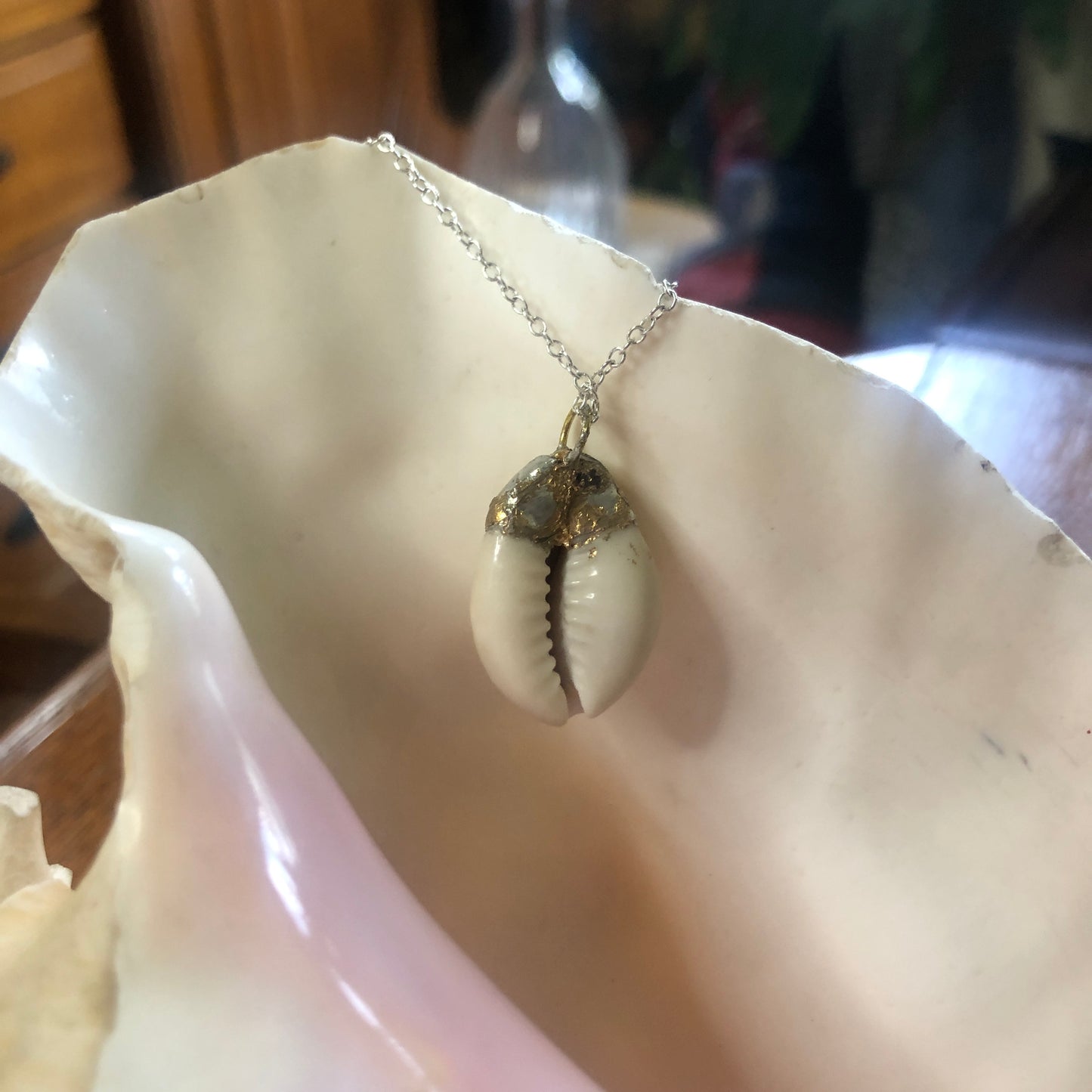 Atlantic Yellow Cowry Artisan Made Pendent Handcrafted Sea Shell Necklace 3/4 in x 1 in