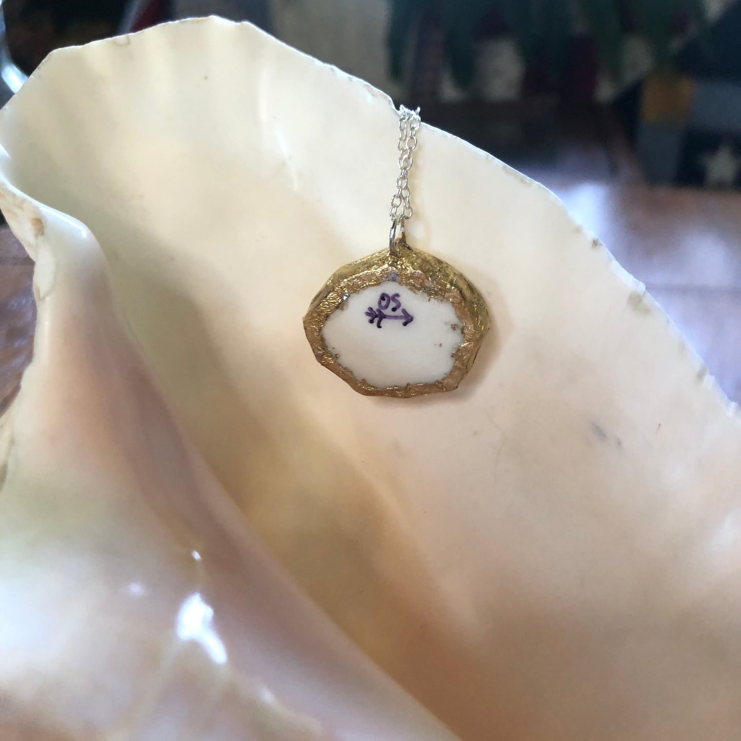 Broken Pottery Artisan Made Pendent Royal China Plate Handcrafted Necklace 1in x 7/8in