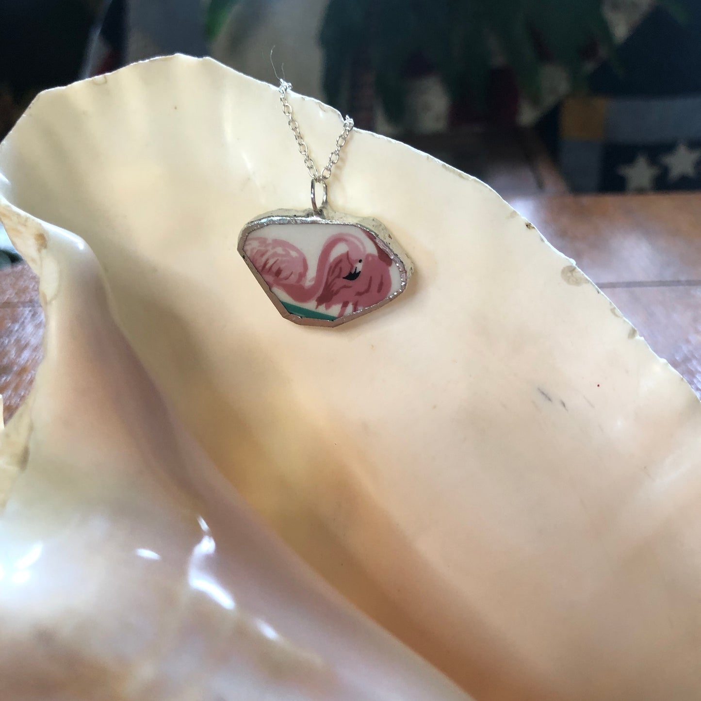 Broken Pottery Artisan Made Pendent Stoneware Flamingo Plate Handcrafted Necklace 1.25in x 3/4in