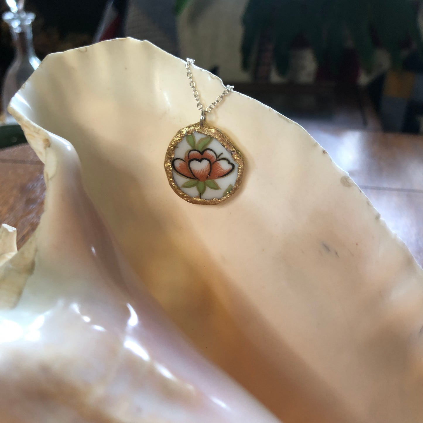 Broken Pottery Artisan Made Pendent Aladdin Fine China Fantasia Occupied Japan Plate Handcrafted Necklace 1in x 1in
