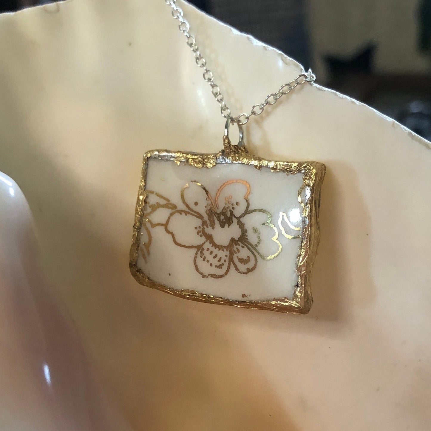 Broken Pottery Artisan Made Pendent Royal China Plate Handcrafted Necklace 1.25in x 1in