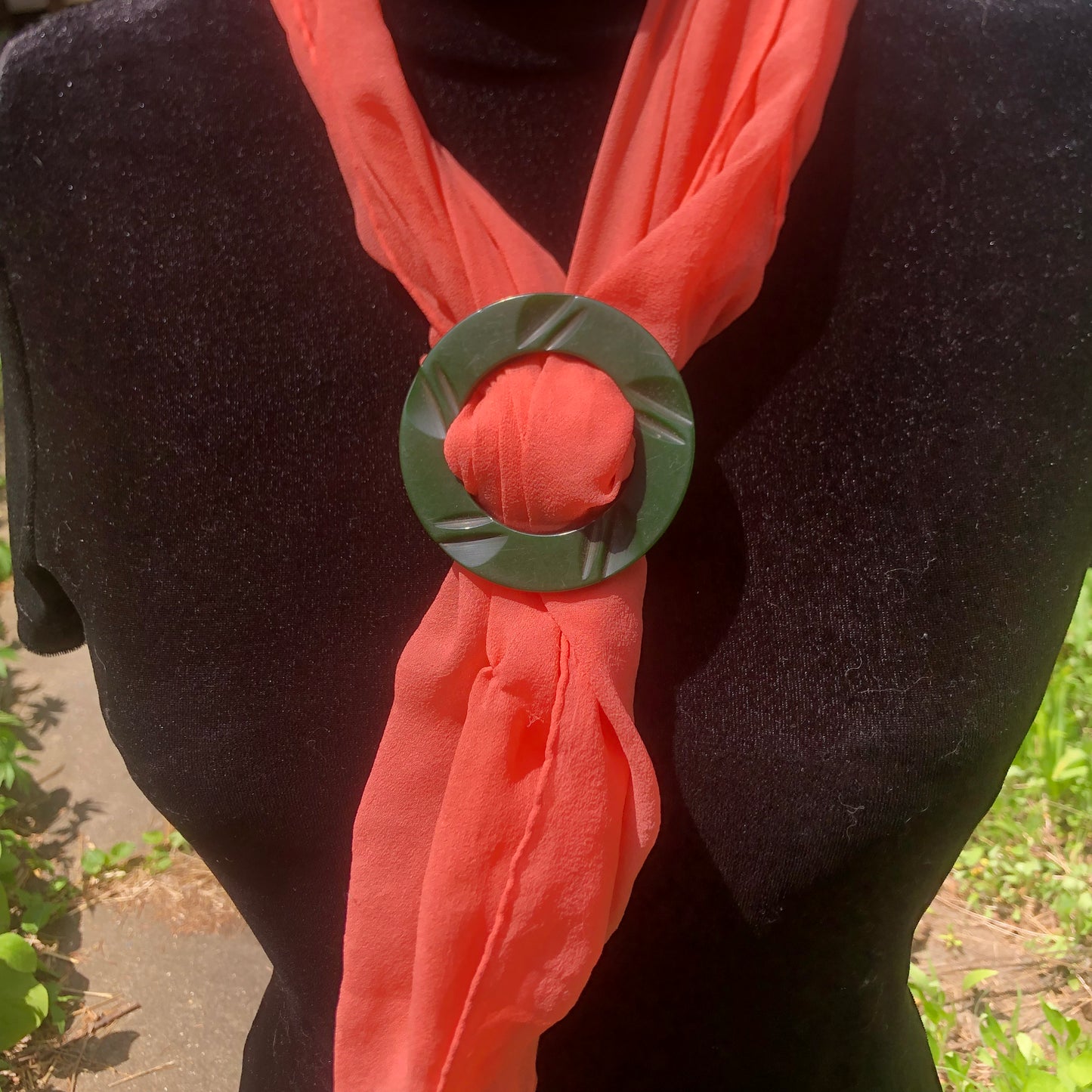 Green Carved Bakelite Buckle Scarf Holder