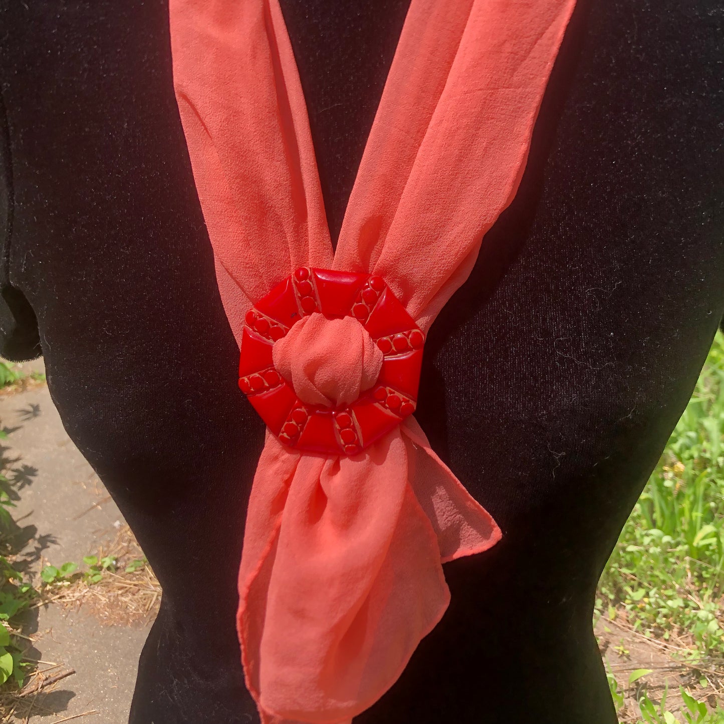 Red Carved Bakelite Buckle Scarf Holder