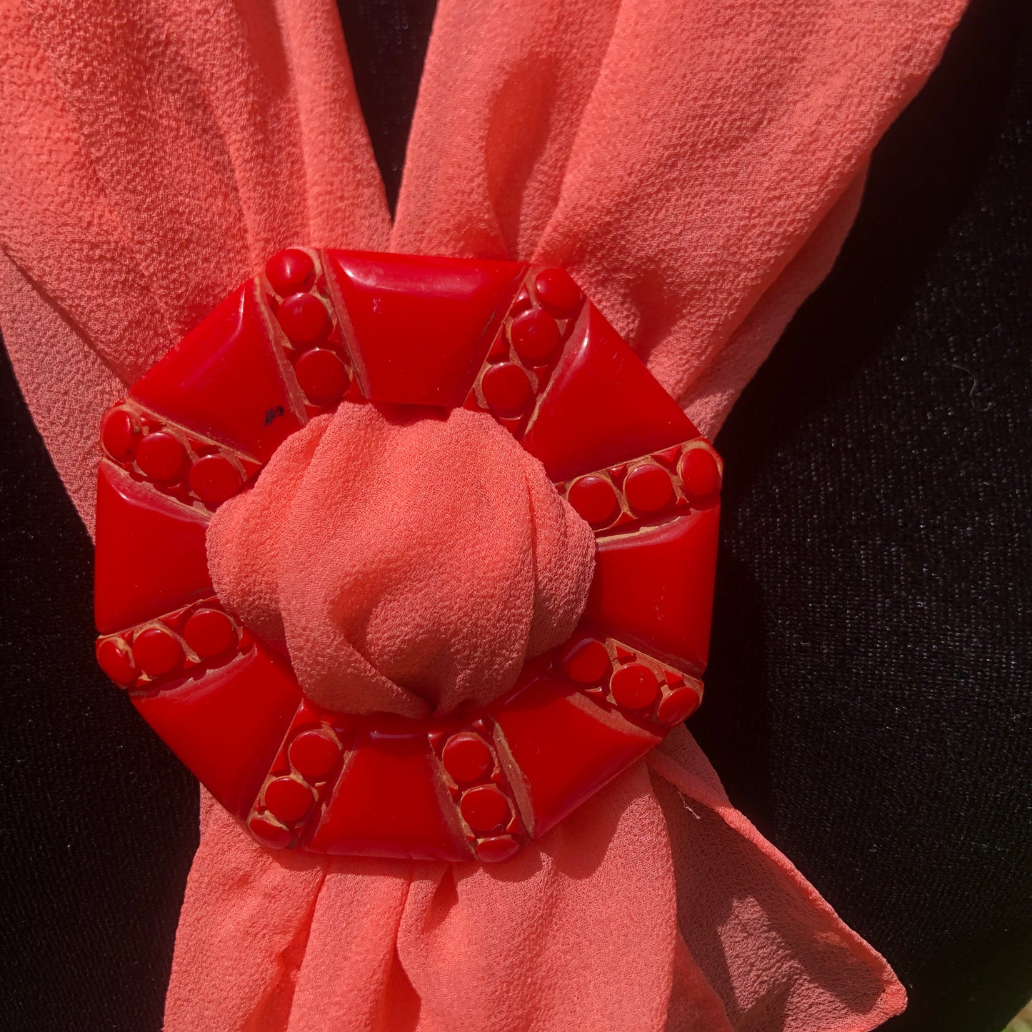Red Carved Bakelite Buckle Scarf Holder