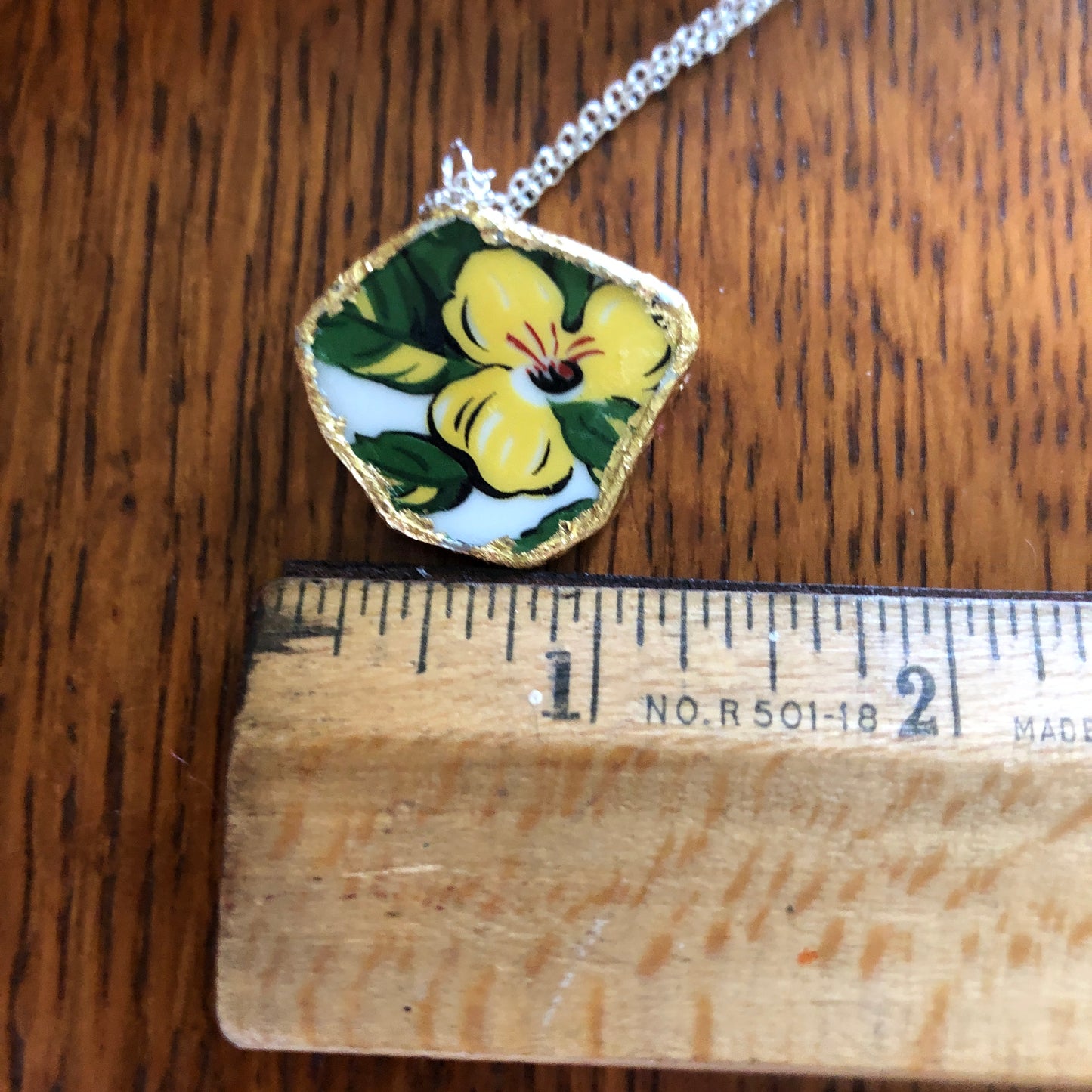 Broken Pottery Artisan Made Allamanda Flower Pendent Hawaii Collectors Plate Handcrafted Necklace 1.25in x 1in