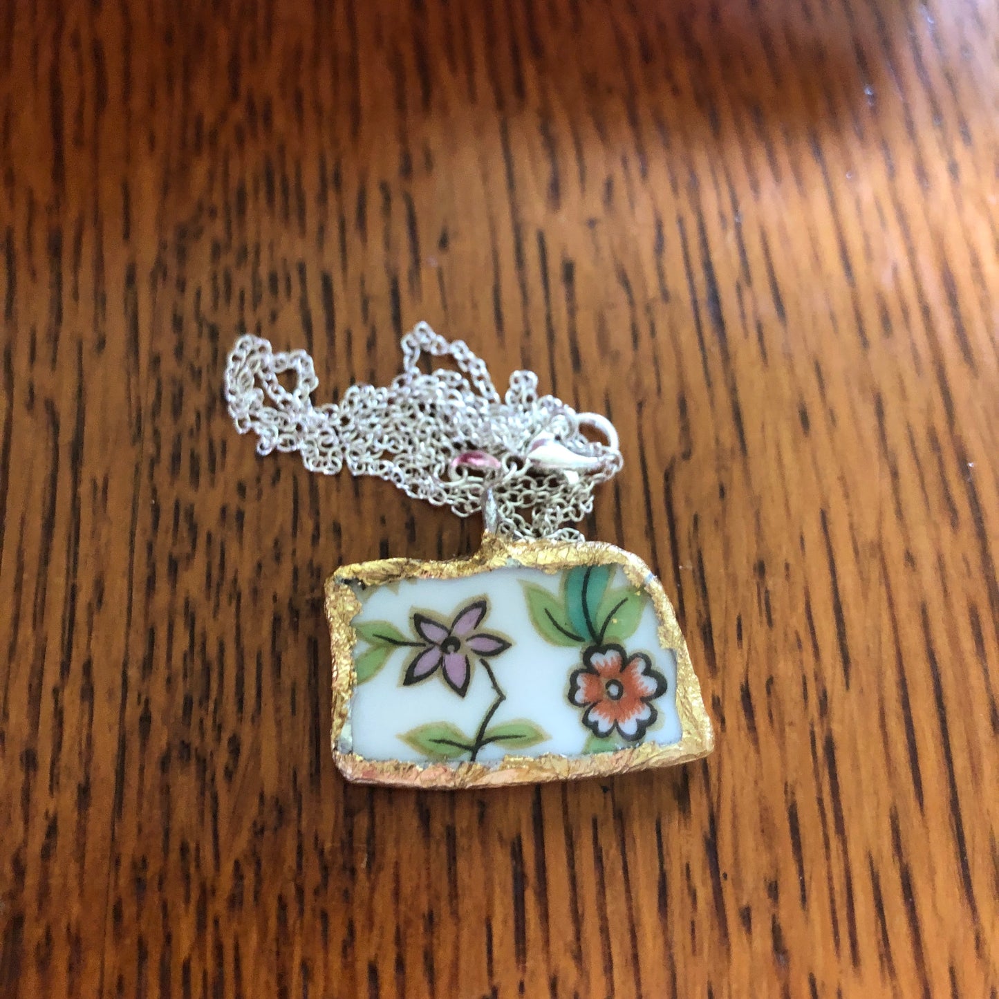 Broken Pottery Artisan Made Pendent Aladdin Fine China Fantasia Occupied Japan Plate Handcrafted Necklace 1.25in x 3/4in