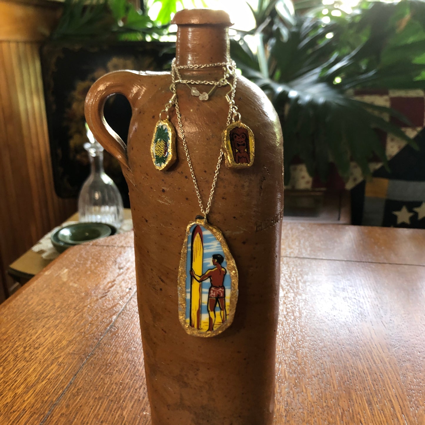 Broken Pottery Artisan Made Surfer Dude Pendent, Tiki And Pineapple Dangle Earrings Hawaii Collectors Plate Handcrafted Jewelry Set