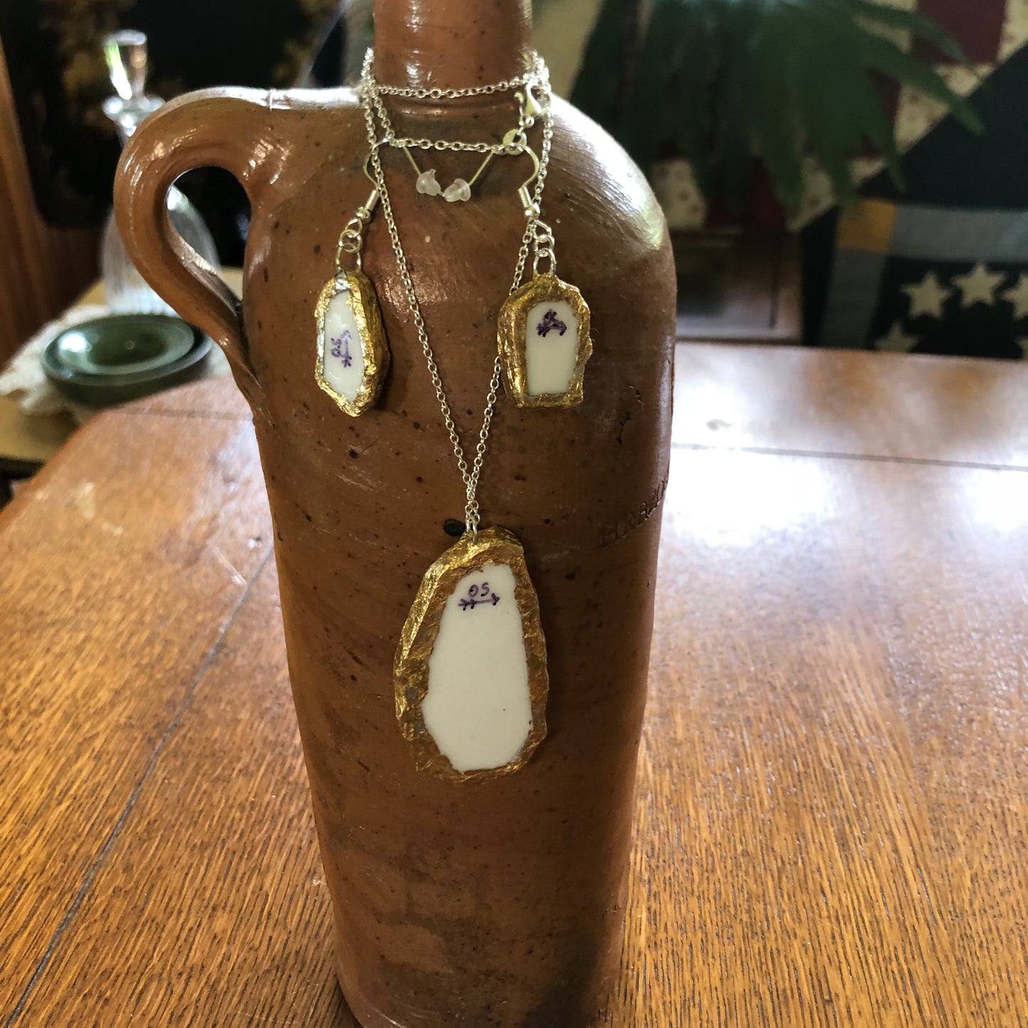 Broken Pottery Artisan Made Surfer Dude Pendent, Tiki And Pineapple Dangle Earrings Hawaii Collectors Plate Handcrafted Jewelry Set