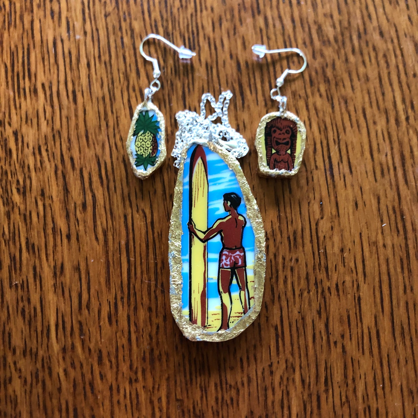 Broken Pottery Artisan Made Surfer Dude Pendent, Tiki And Pineapple Dangle Earrings Hawaii Collectors Plate Handcrafted Jewelry Set
