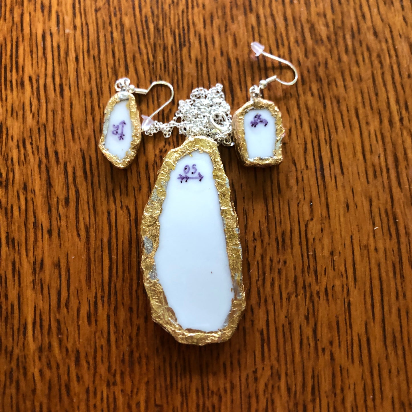 Broken Pottery Artisan Made Surfer Dude Pendent, Tiki And Pineapple Dangle Earrings Hawaii Collectors Plate Handcrafted Jewelry Set