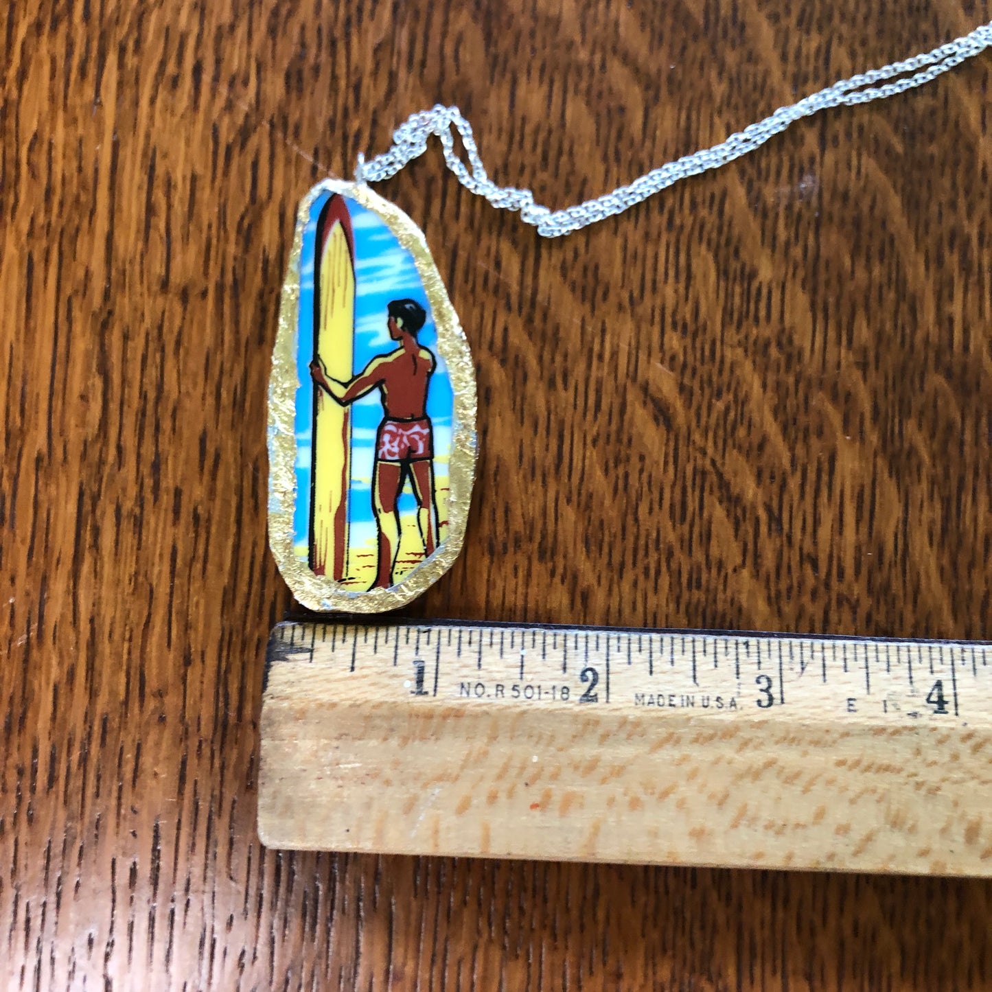 Broken Pottery Artisan Made Surfer Dude Pendent, Tiki And Pineapple Dangle Earrings Hawaii Collectors Plate Handcrafted Jewelry Set