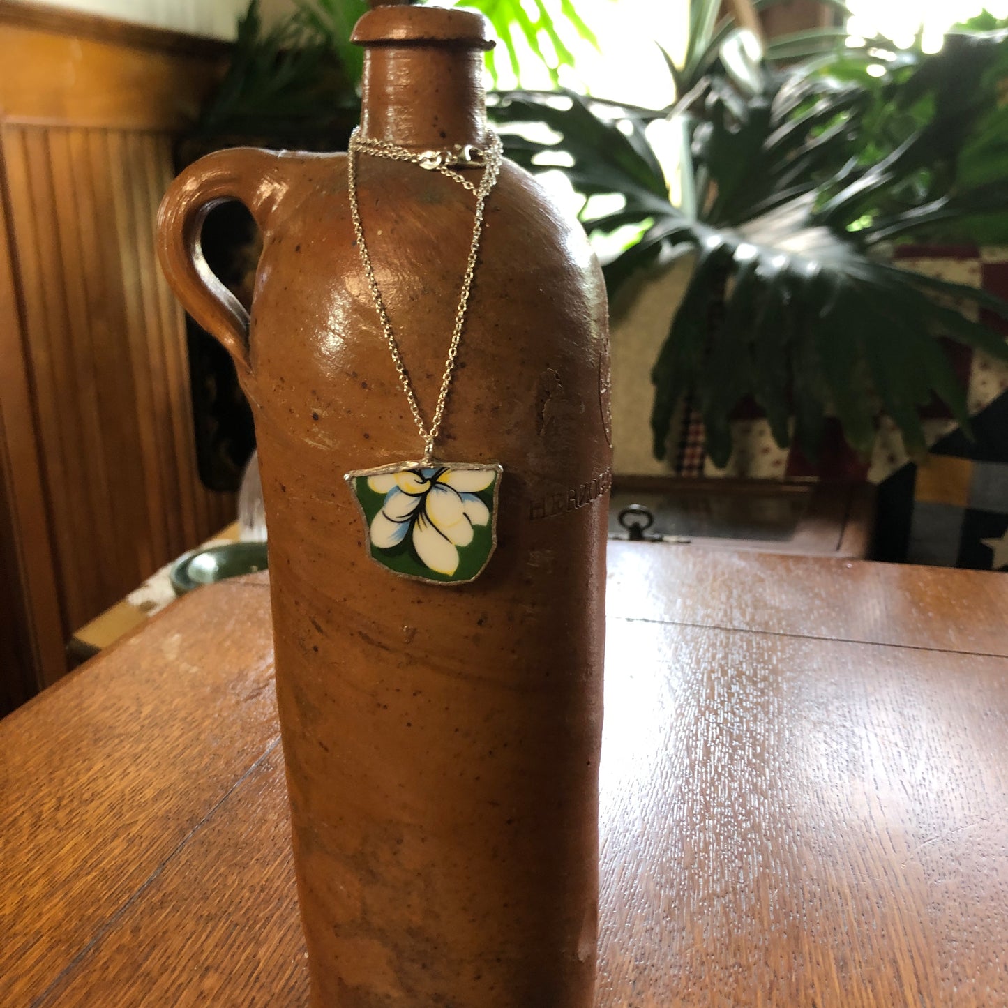 Broken Pottery Artisan Made Plumeria Flower Pendent Hawaii Collectors Plate Handcrafted Necklace 1.25in x 1.in