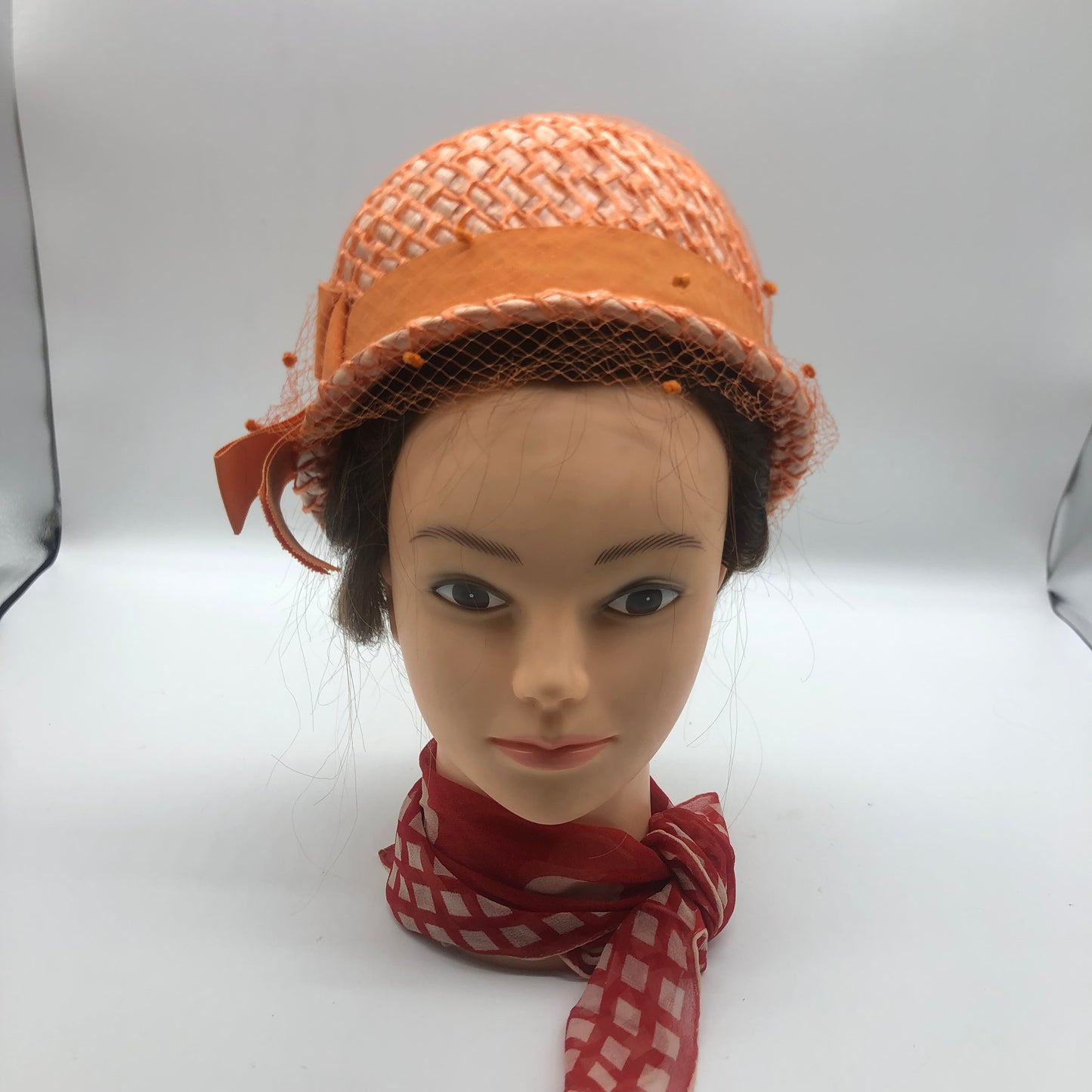 Orange Veiled Raffia Cloche Hat Ranleigh Brand 1960's Style Pipe Cleaner Dots Ribbon Hatband And Bow