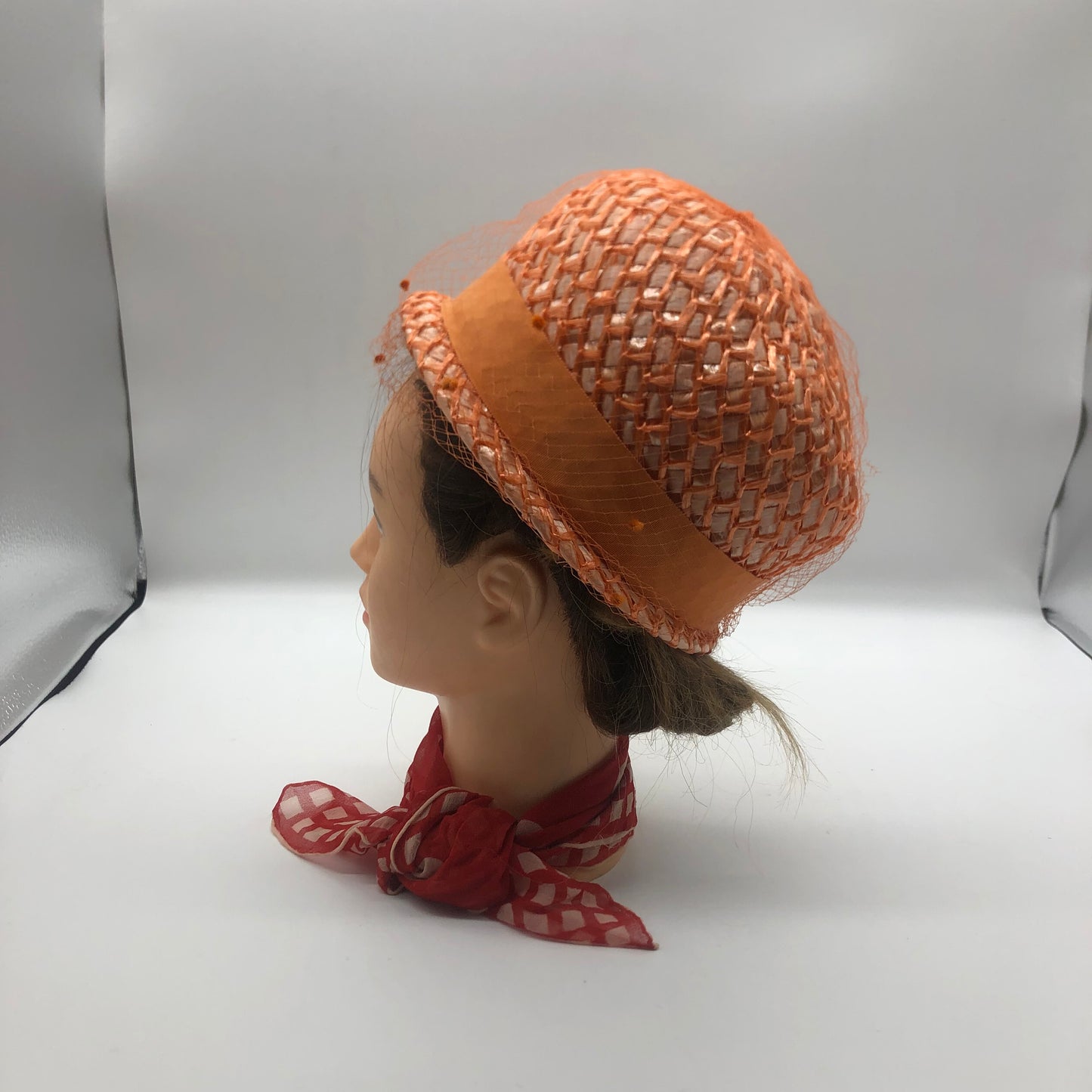 Orange Veiled Raffia Cloche Hat Ranleigh Brand 1960's Style Pipe Cleaner Dots Ribbon Hatband And Bow