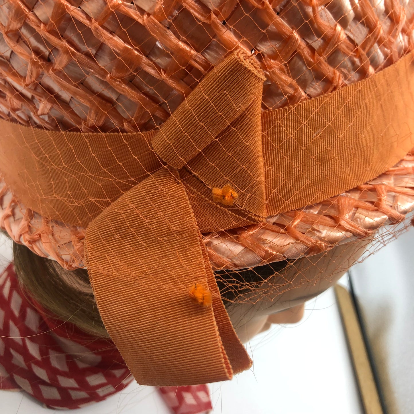 Orange Veiled Raffia Cloche Hat Ranleigh Brand 1960's Style Pipe Cleaner Dots Ribbon Hatband And Bow