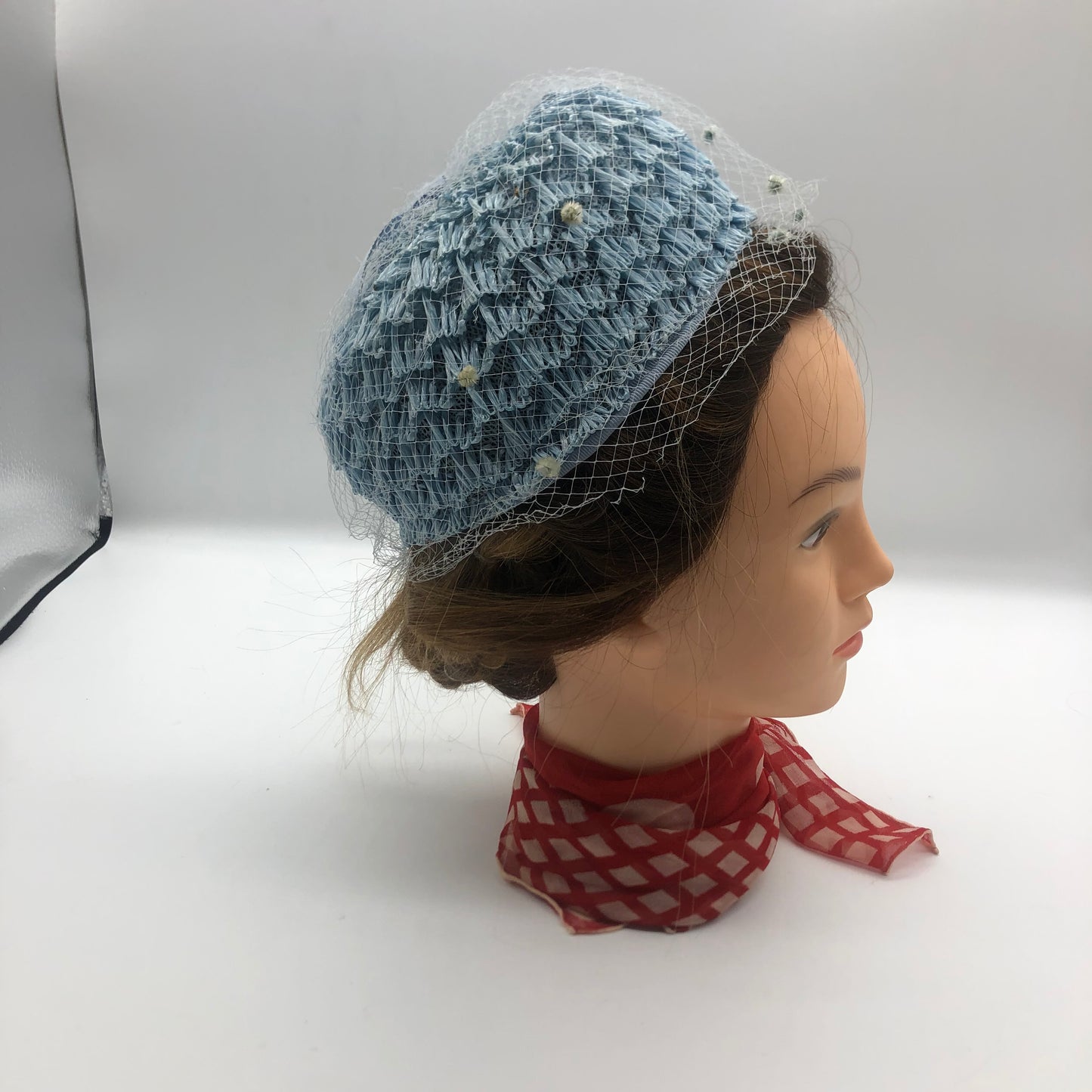 Blue Veiled Raffia Pillbox Hat Ribbon Bow 1960's Union Made Pipe Cleaner Dots