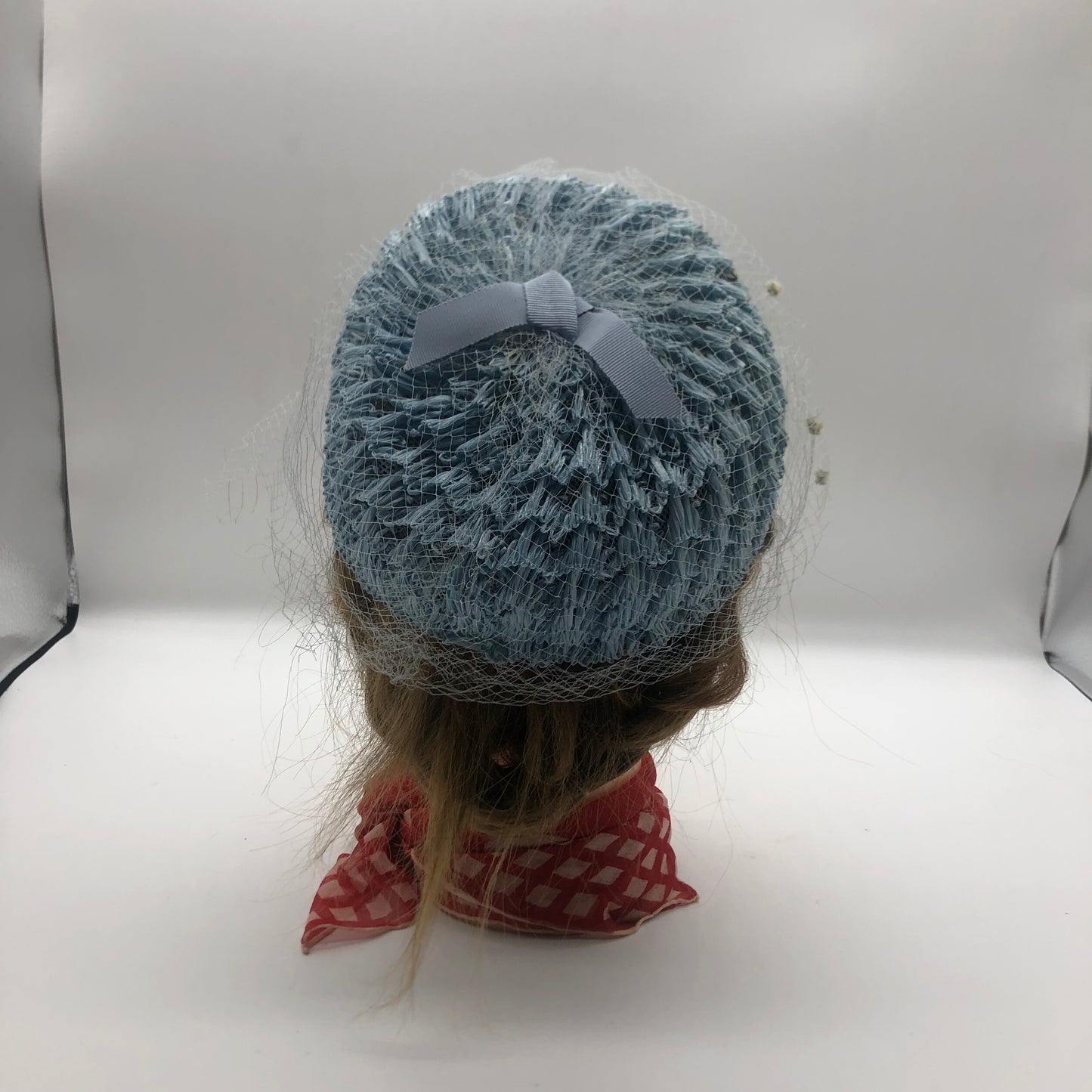 Blue Veiled Raffia Pillbox Hat Ribbon Bow 1960's Union Made Pipe Cleaner Dots