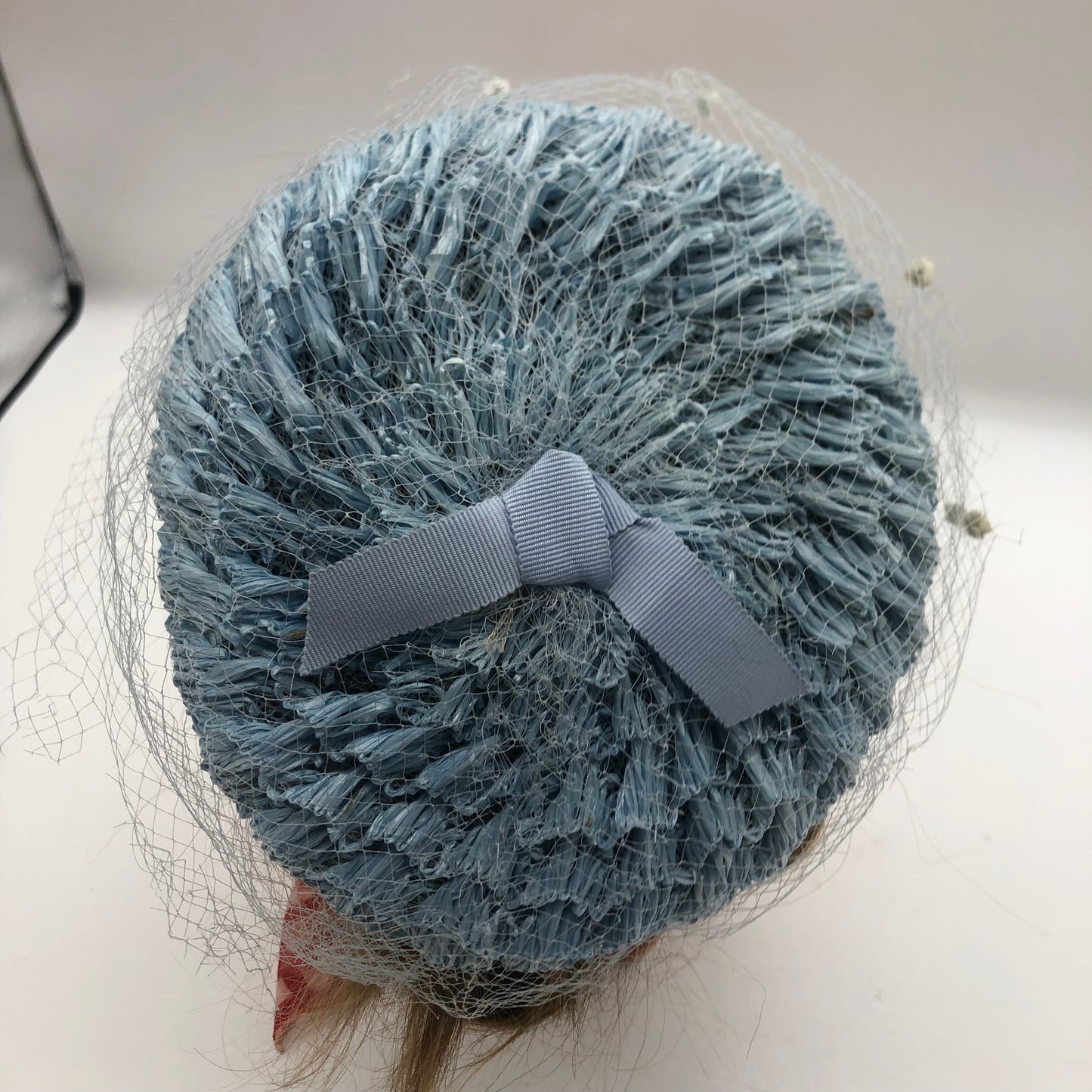 Blue Veiled Raffia Pillbox Hat Ribbon Bow 1960's Union Made Pipe Cleaner Dots