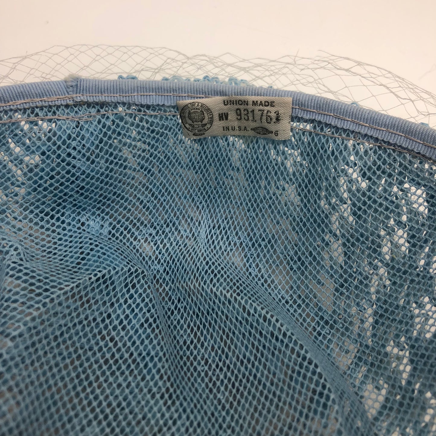 Blue Veiled Raffia Pillbox Hat Ribbon Bow 1960's Union Made Pipe Cleaner Dots