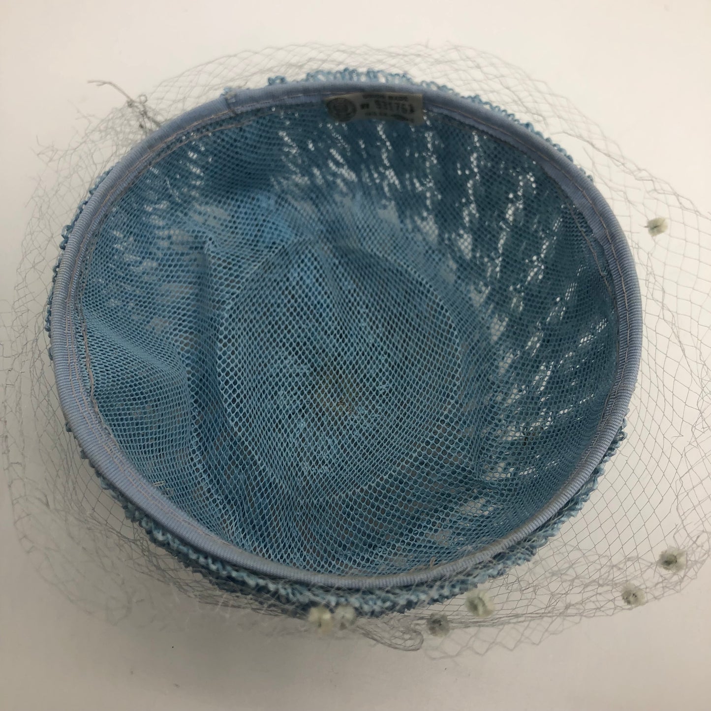 Blue Veiled Raffia Pillbox Hat Ribbon Bow 1960's Union Made Pipe Cleaner Dots