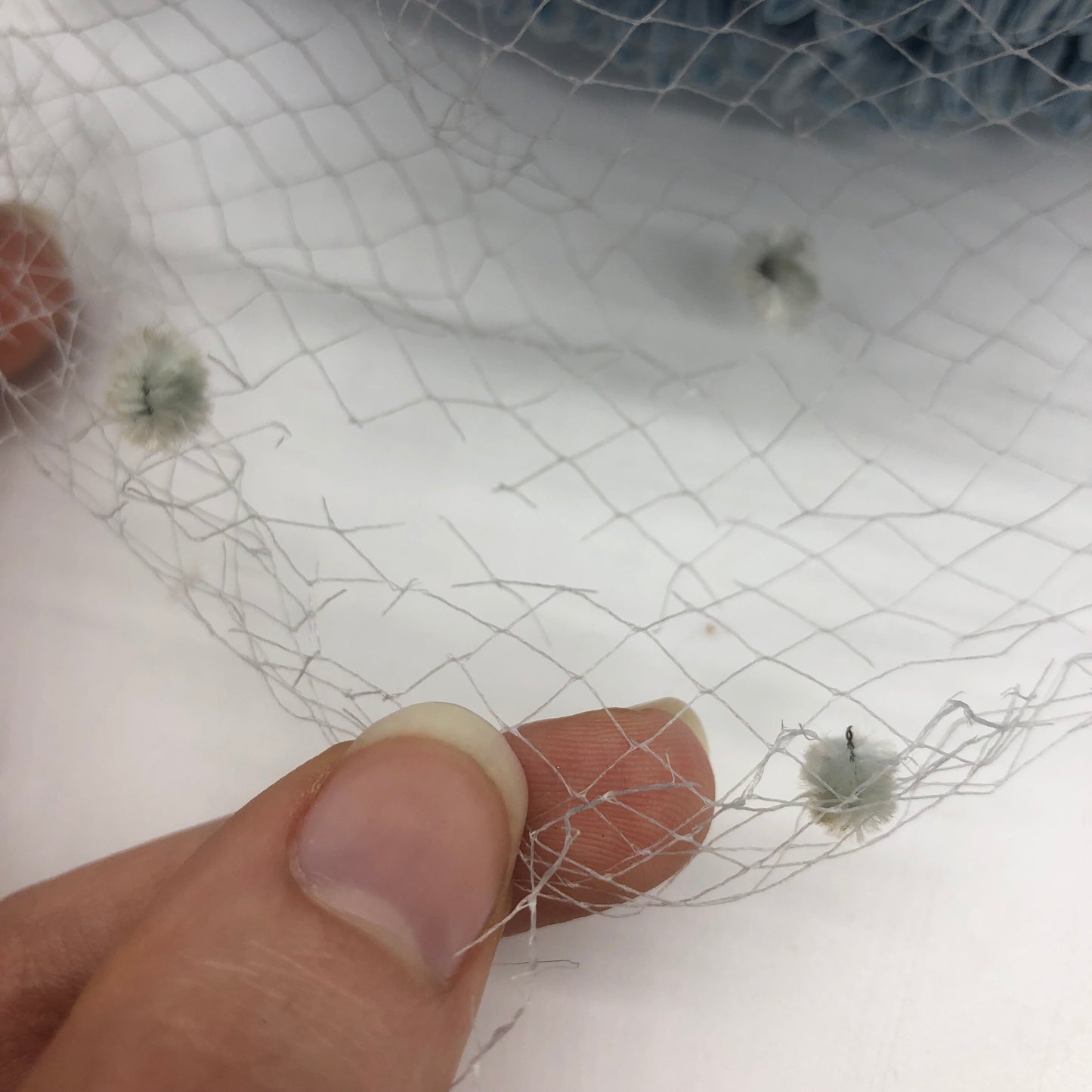 Blue Veiled Raffia Pillbox Hat Ribbon Bow 1960's Union Made Pipe Cleaner Dots