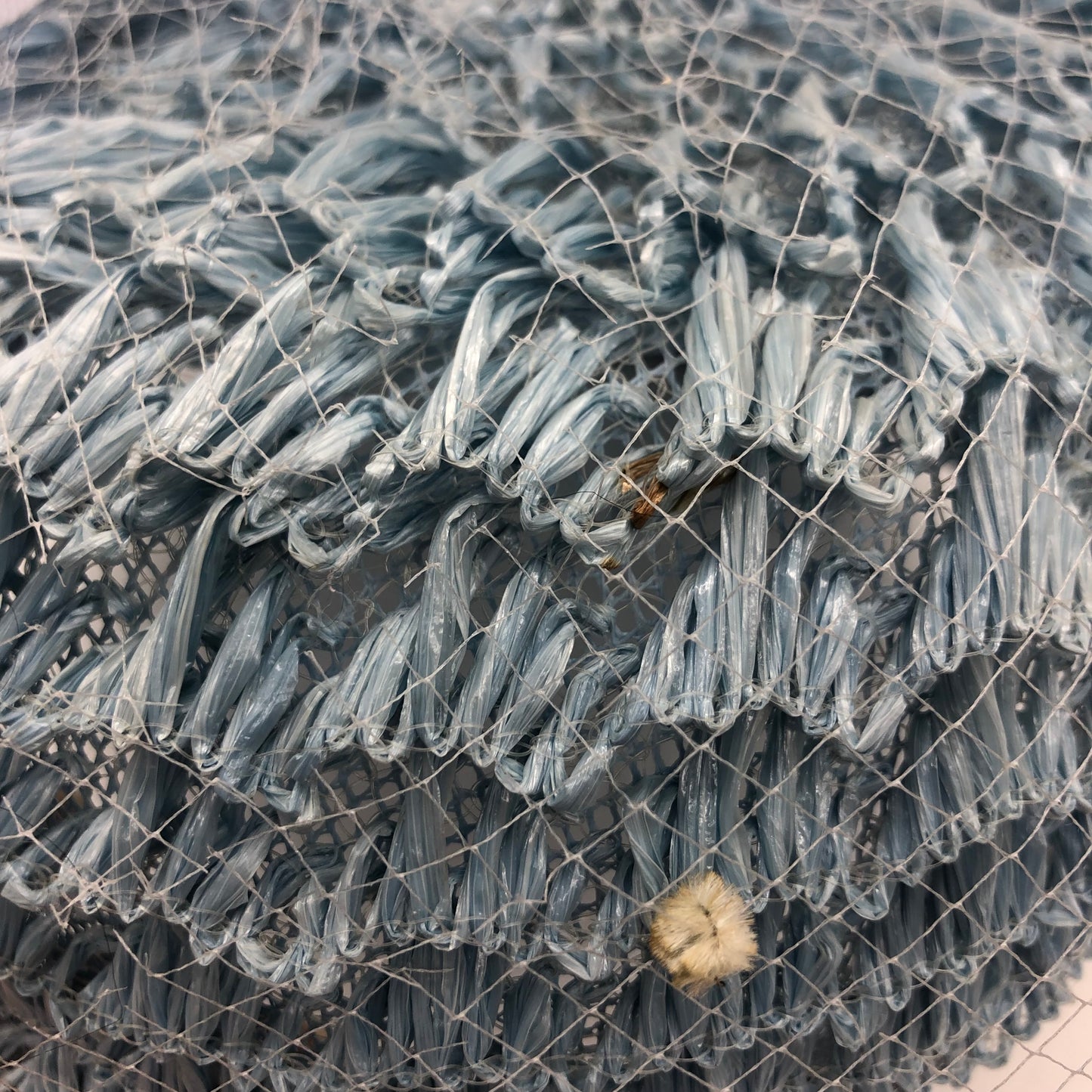 Blue Veiled Raffia Pillbox Hat Ribbon Bow 1960's Union Made Pipe Cleaner Dots