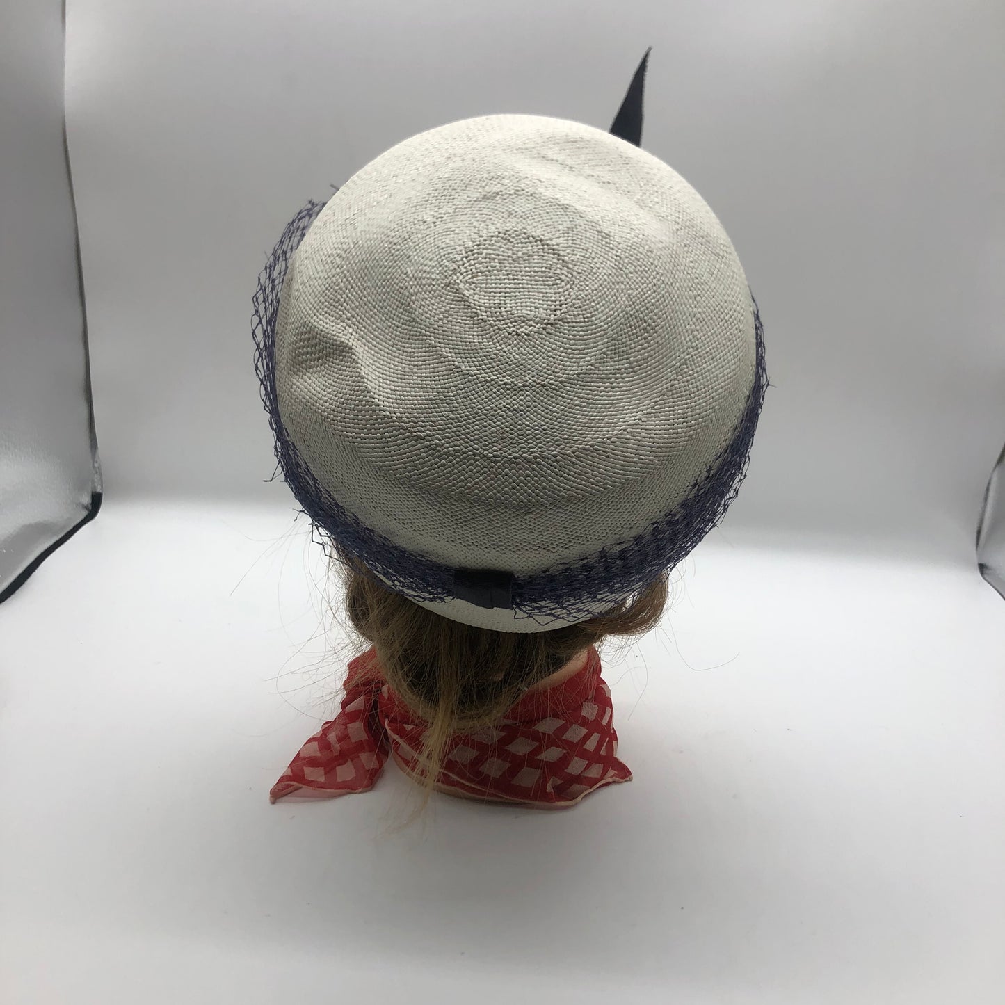White Pillbox Hat 1960's Vintage Navy Blue Veil And Ribbon Bow