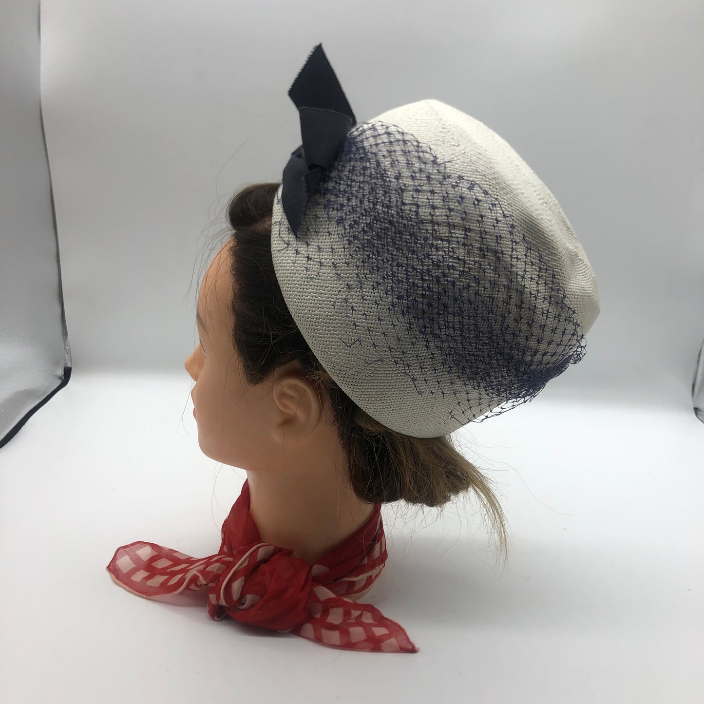 White Pillbox Hat 1960's Vintage Navy Blue Veil And Ribbon Bow