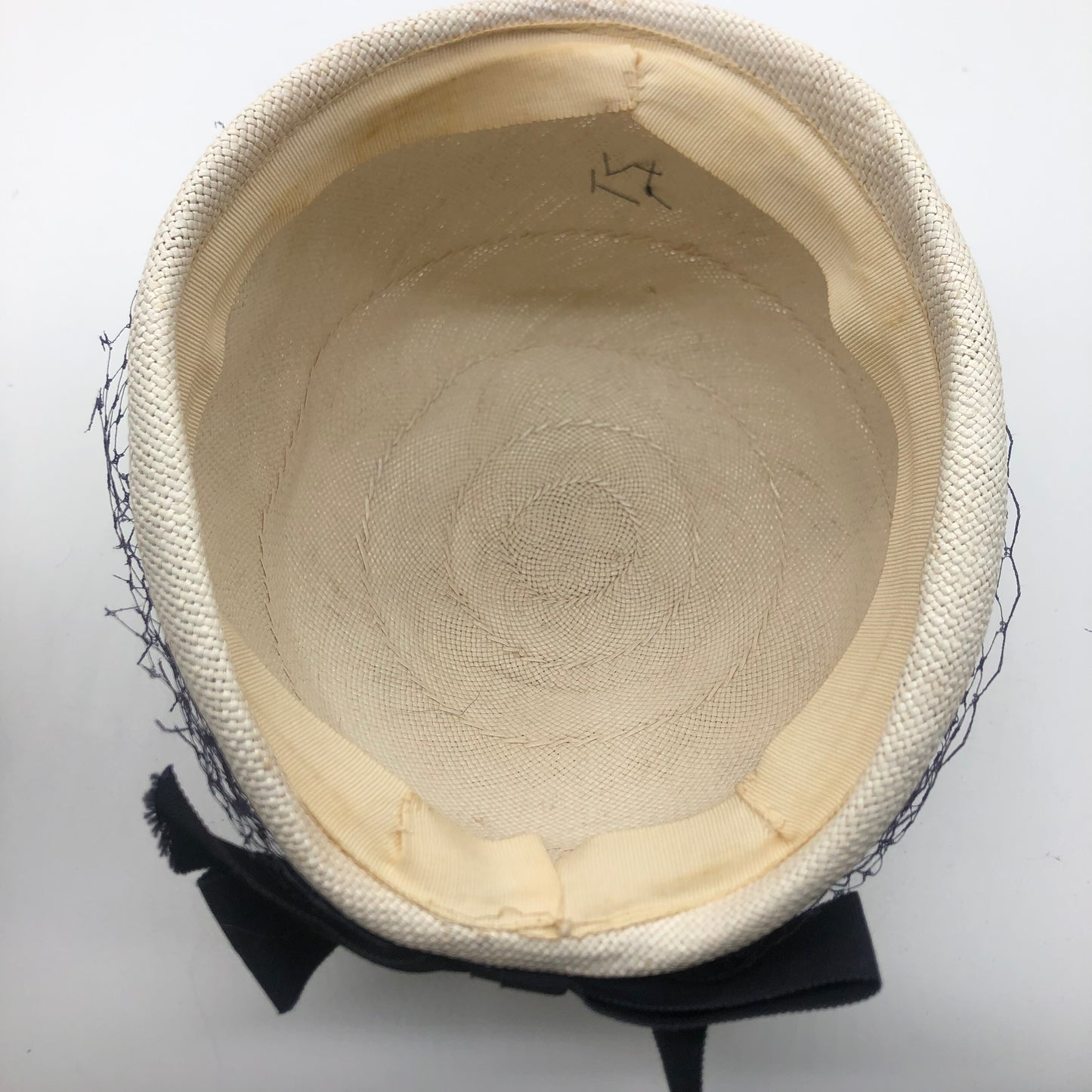 White Pillbox Hat 1960's Vintage Navy Blue Veil And Ribbon Bow