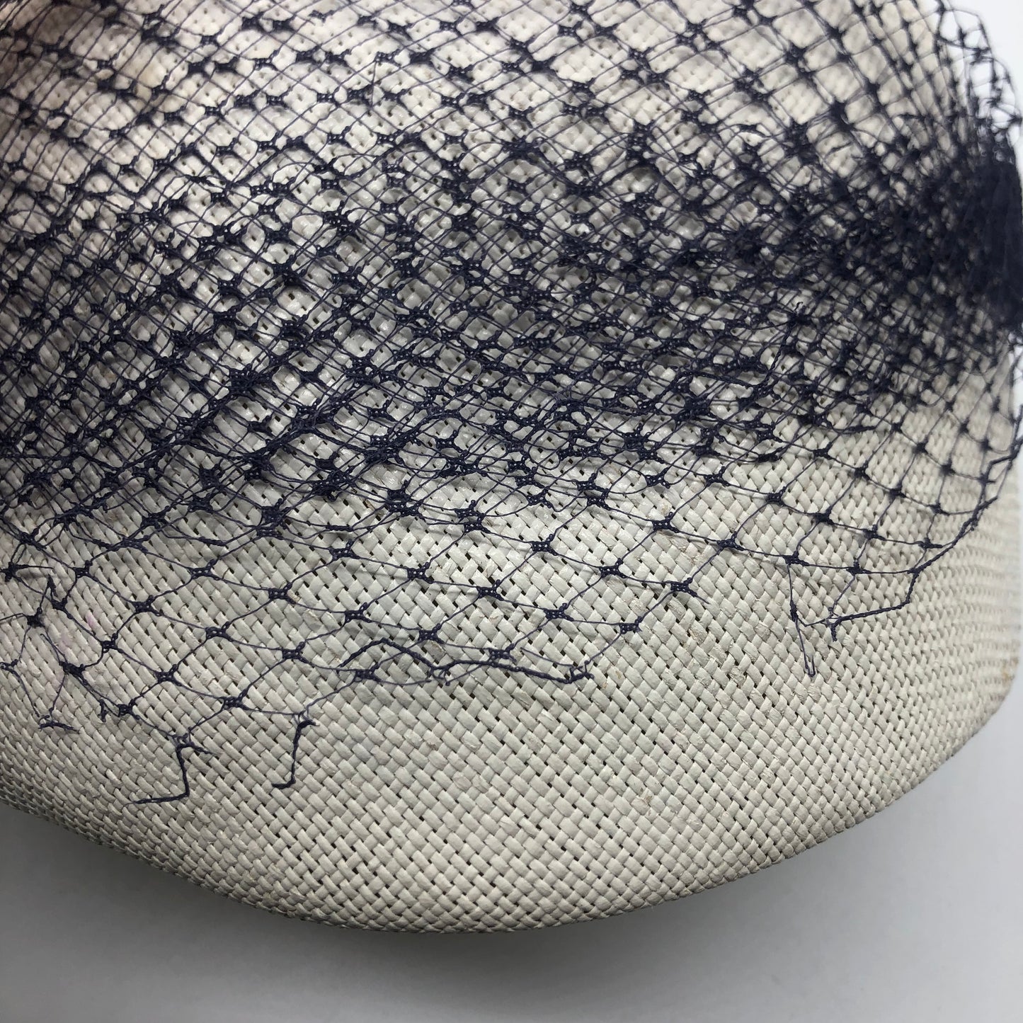 White Pillbox Hat 1960's Vintage Navy Blue Veil And Ribbon Bow