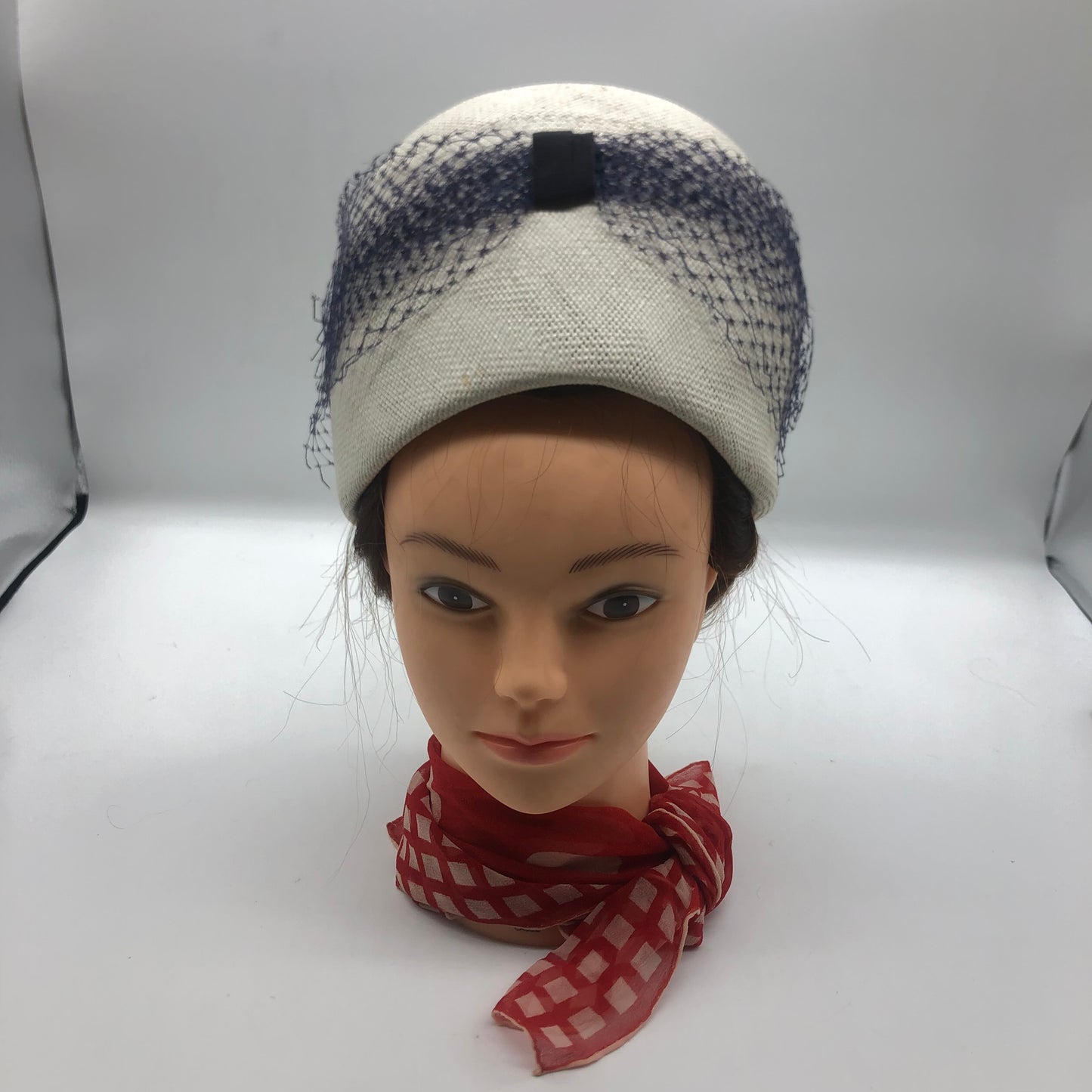 White Pillbox Hat 1960's Vintage Navy Blue Veil And Ribbon Bow