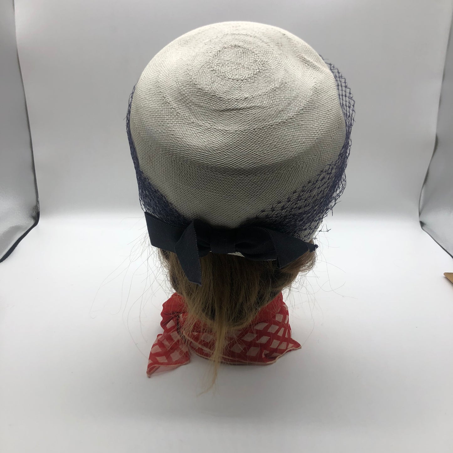 White Pillbox Hat 1960's Vintage Navy Blue Veil And Ribbon Bow