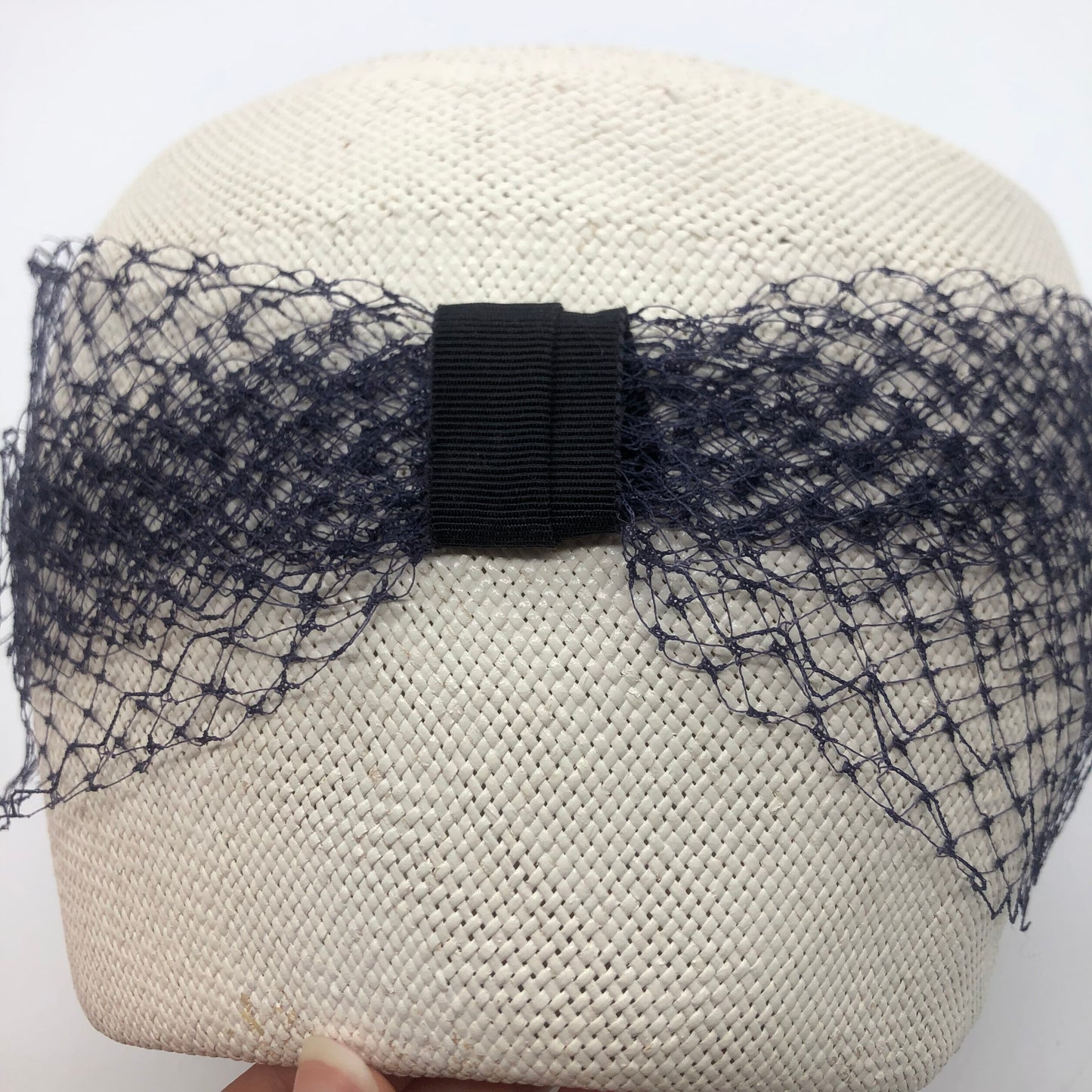 White Pillbox Hat 1960's Vintage Navy Blue Veil And Ribbon Bow