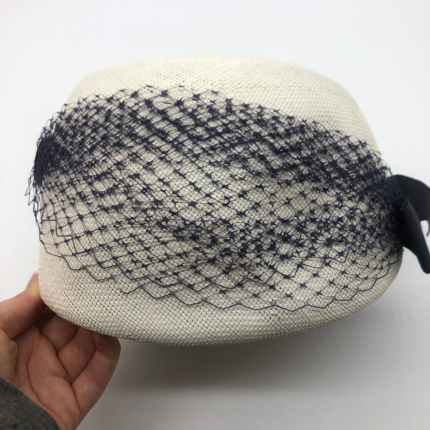 White Pillbox Hat 1960's Vintage Navy Blue Veil And Ribbon Bow