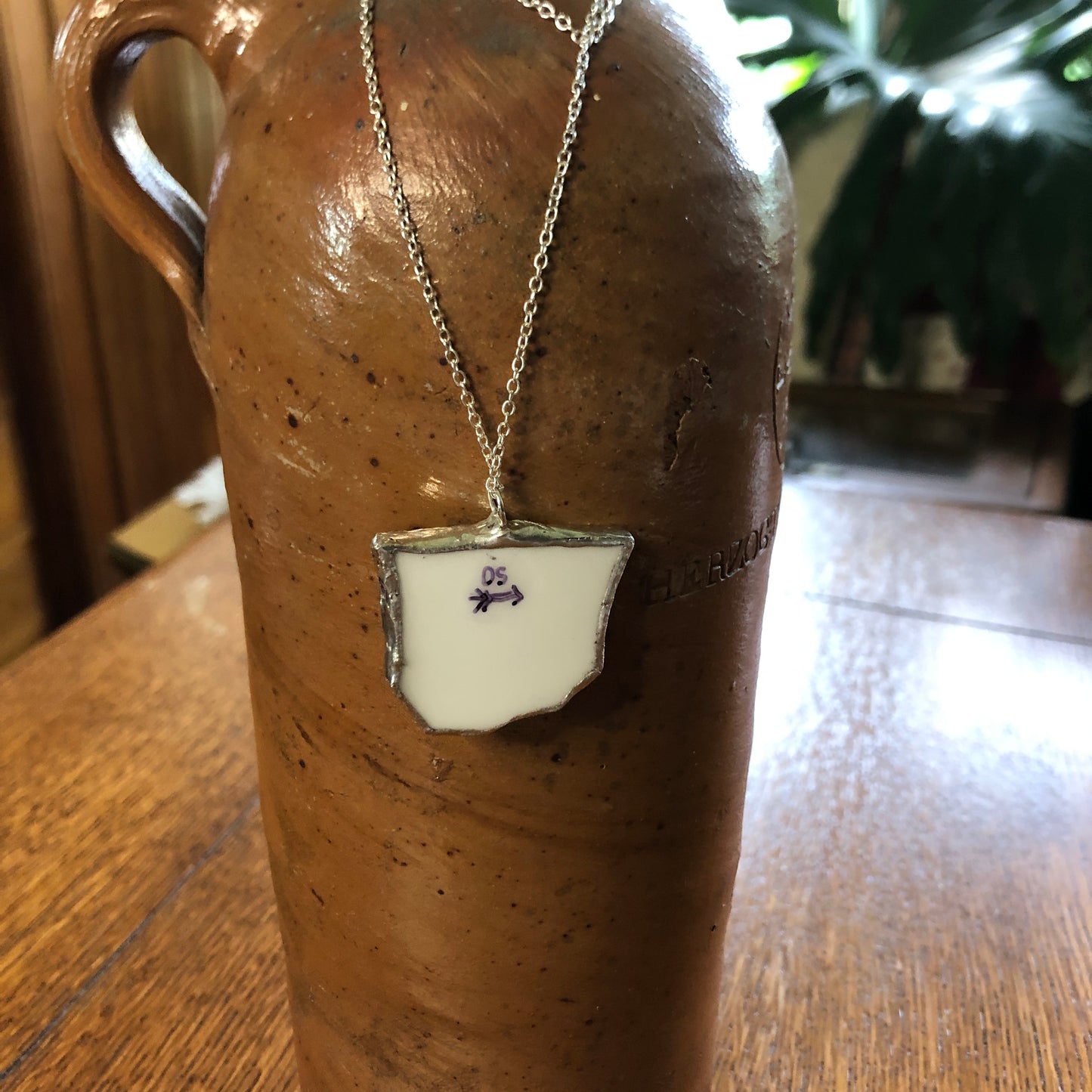 Broken Pottery Artisan Made Plumeria Flower Pendent Hawaii Collectors Plate Handcrafted Necklace 1.25in x 1.in