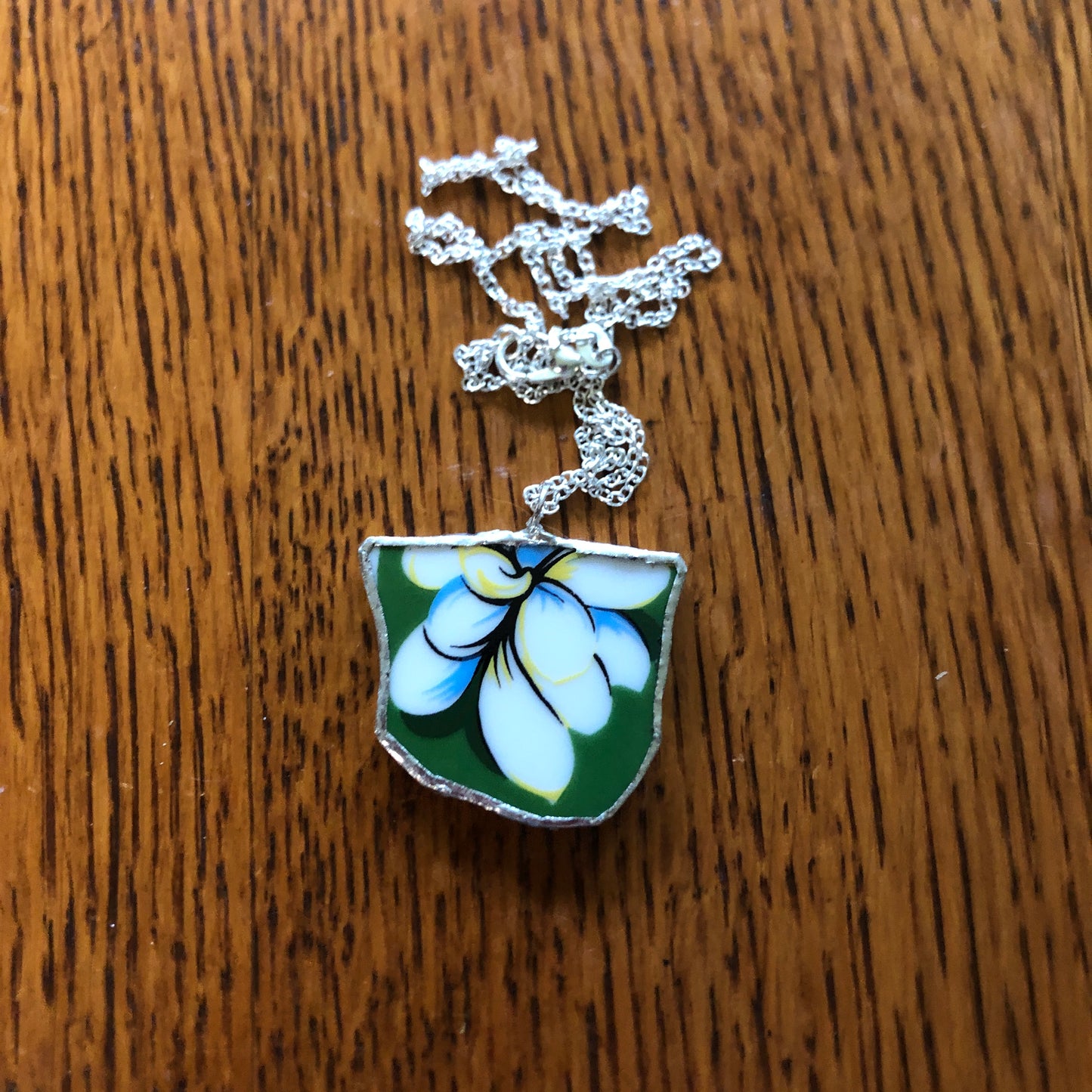 Broken Pottery Artisan Made Plumeria Flower Pendent Hawaii Collectors Plate Handcrafted Necklace 1.25in x 1.in
